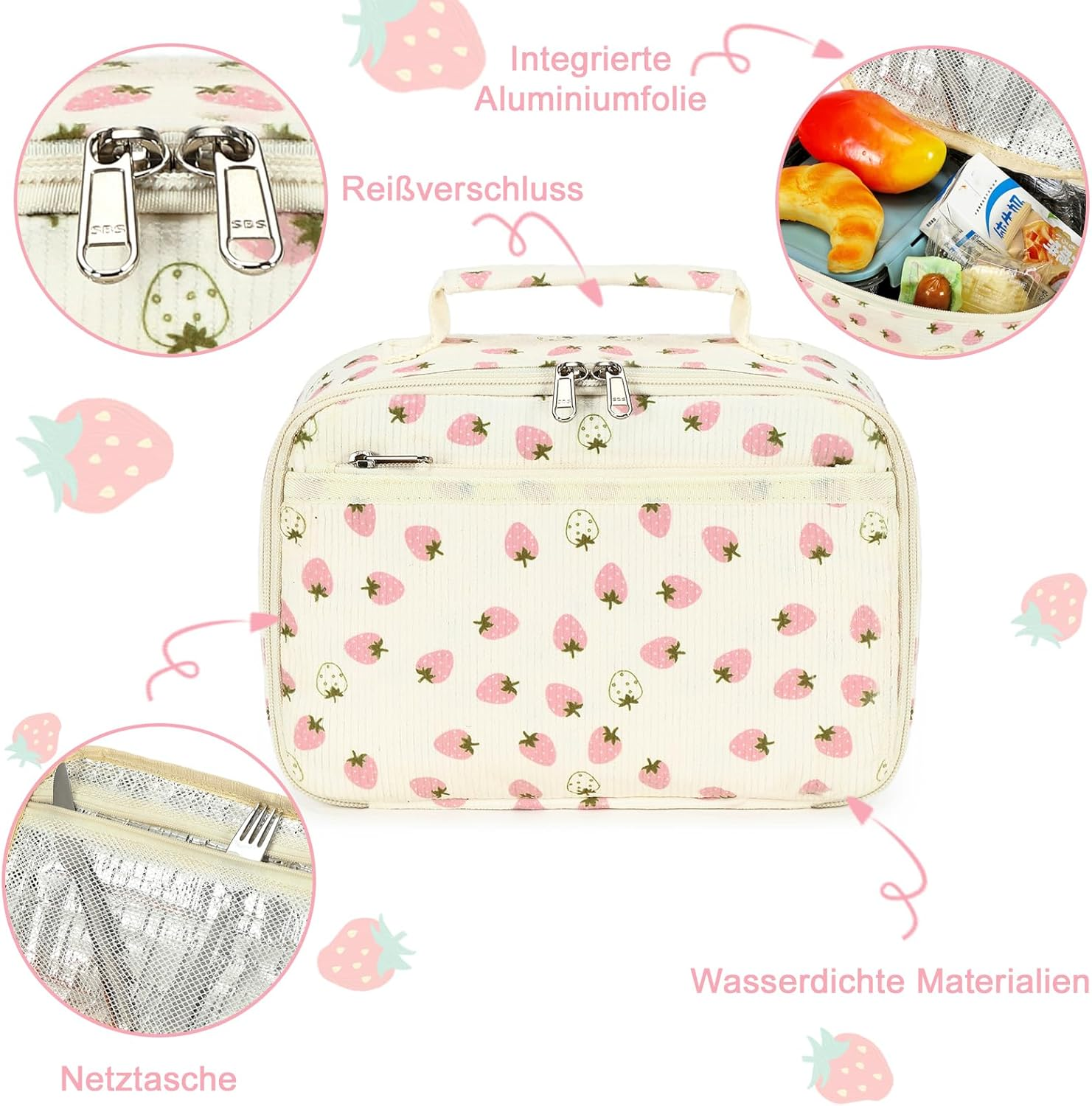 LEDAOU Children'S Lunch Bag Boys Girls 5L Lunch Bag Insulated Bag with Zip Thermal Bag Lunch Bag Cool Bag for School Hiking Work (Small White Strawberries) - Corduroy Flower Beige image number 5