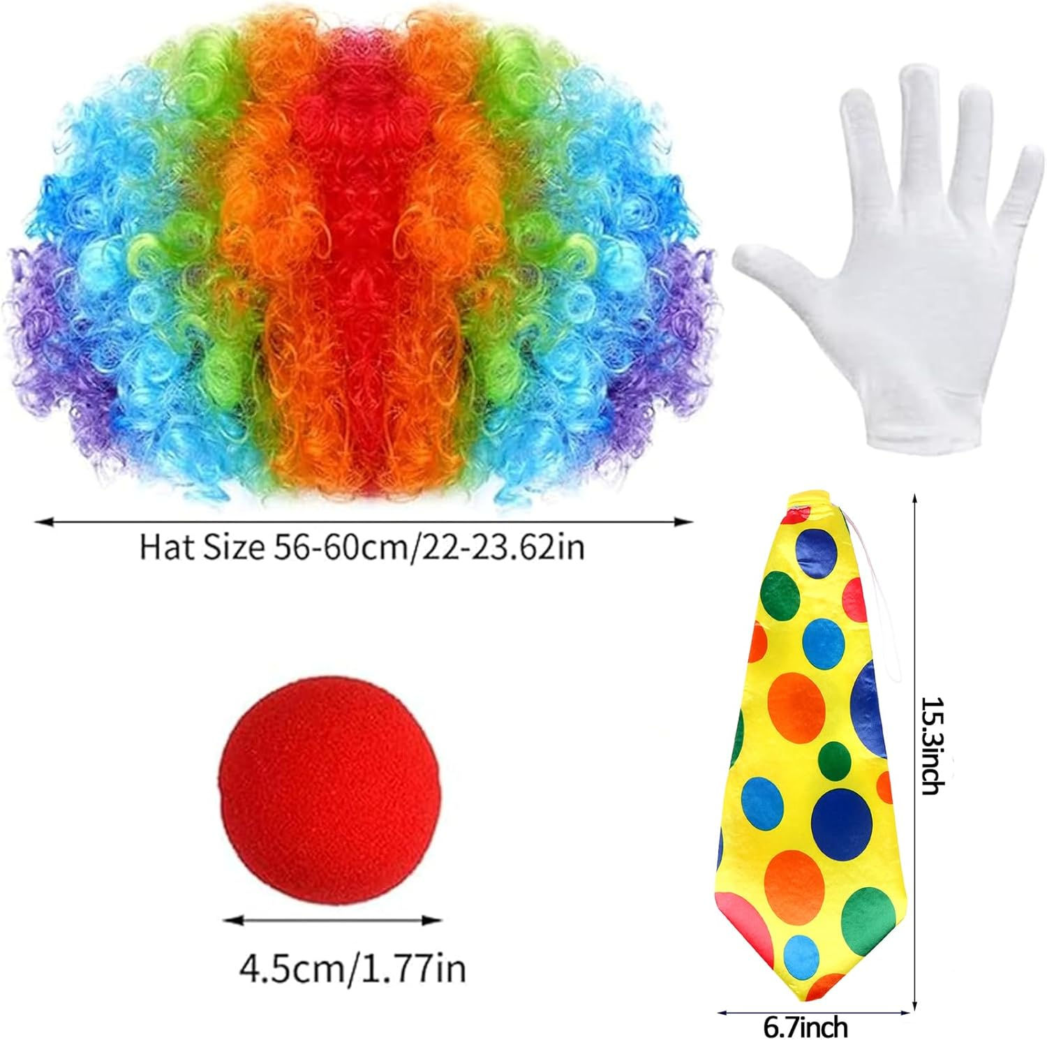 4 Pcs Clown Costume Wig Set, Rainbow Wig Red Clown Nose Tie White Gloves for Halloween Parties Christmas Carnival Circus Cosplay Party Men Women Kid Adults image number 4