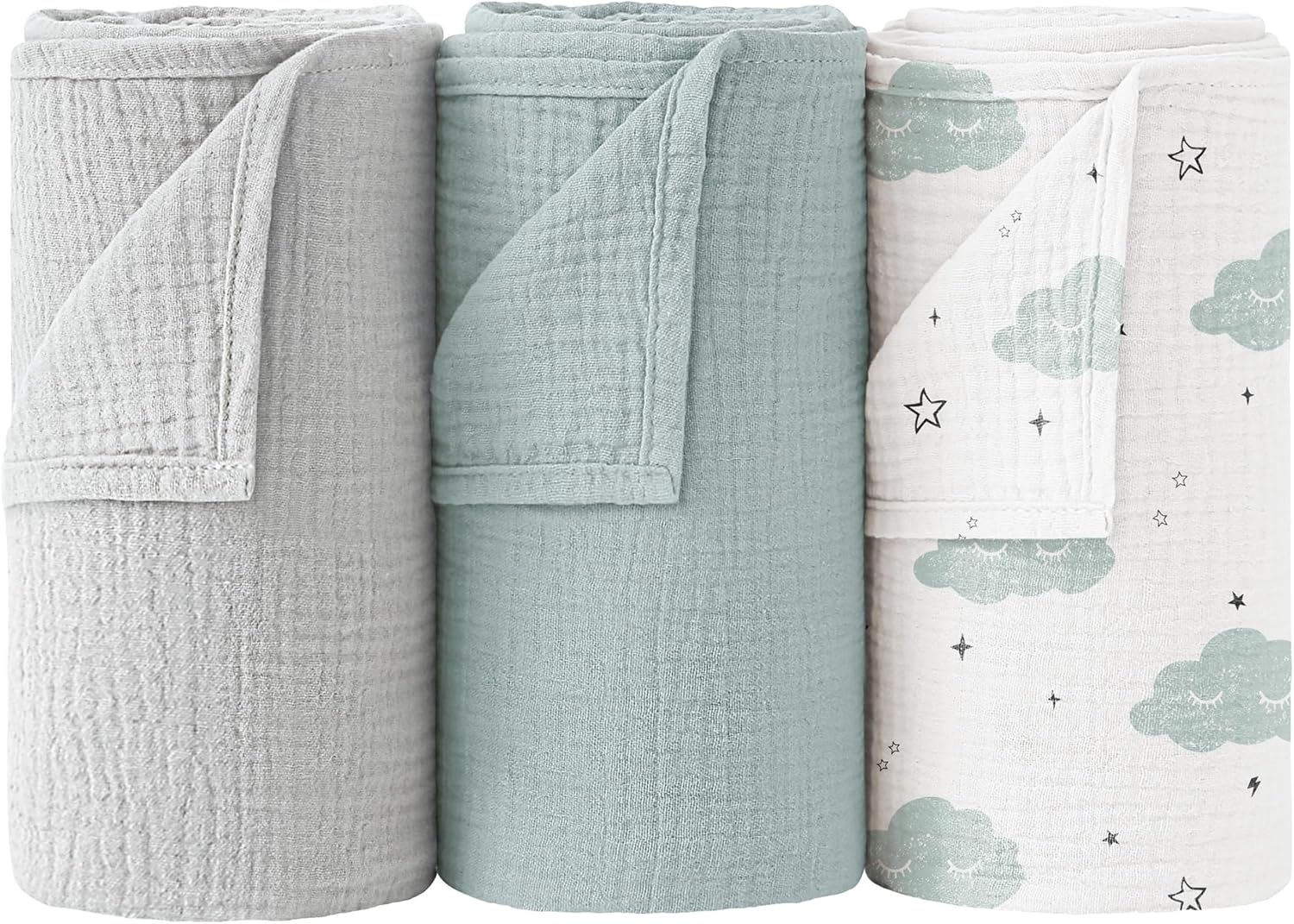 Bearmoss Muslin Swaddle Blankets 3 Pack Cotton Newborn Receiving Blanket, Large 38 X 40 Inches, Soft Breathable Baby Swaddles for Boys & Girls (Blue Moon)