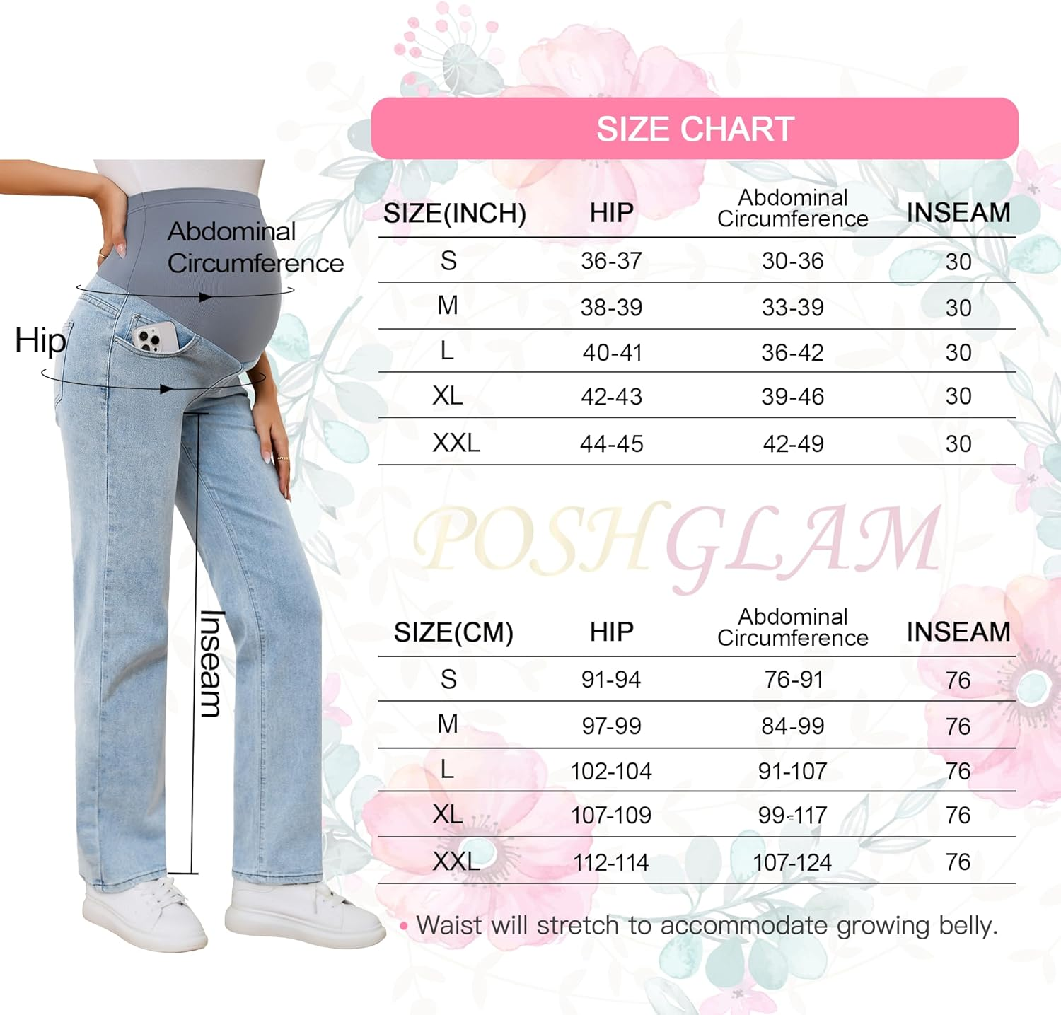 POSHGLAM Women'S Maternity Jeans over Belly Straight Leg Relaxed Fit Comfy Stretch Denim Pants image number 3
