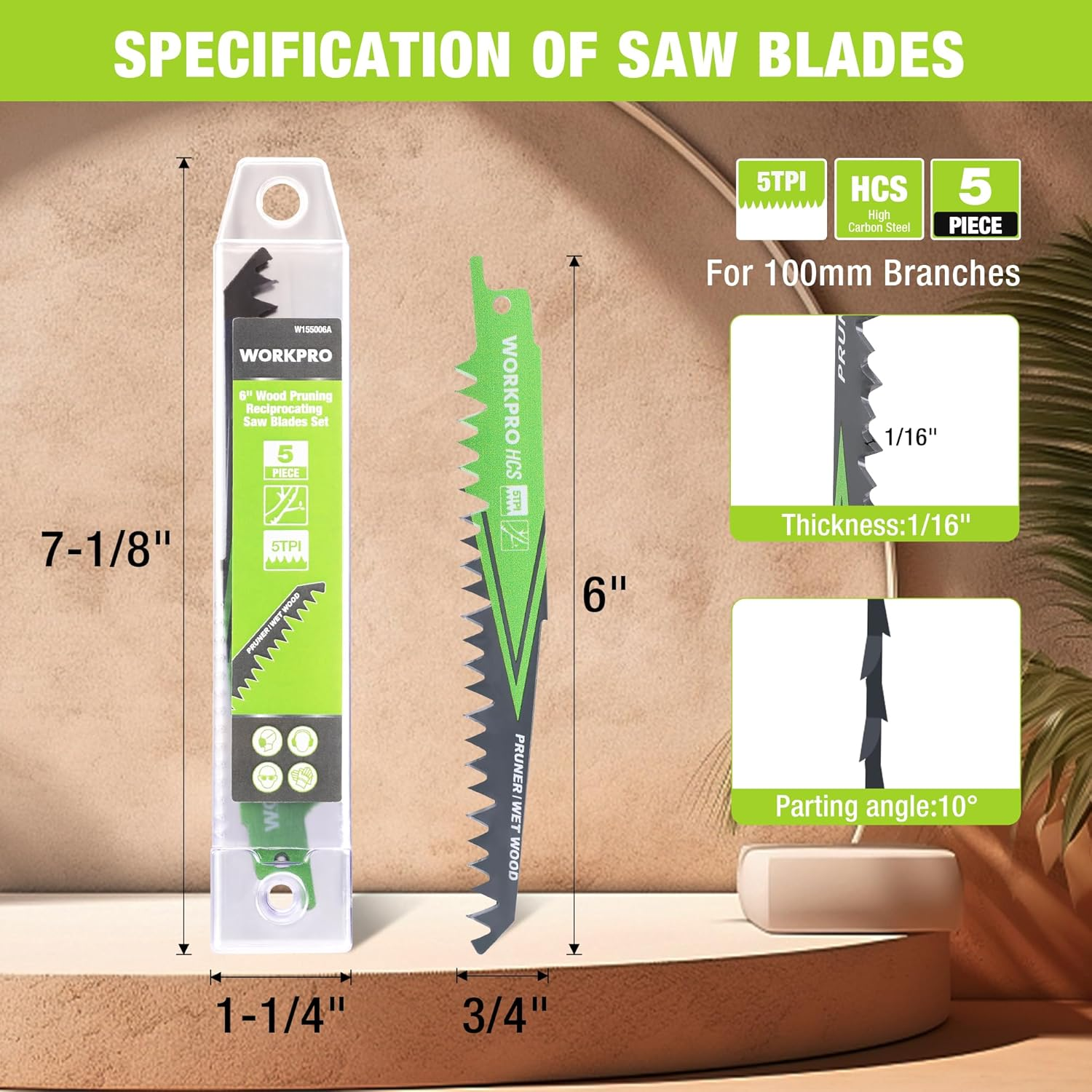 WORKPRO 5-Piece Reciprocating Saw Blades Set | Sabre Saw Blades for Cutting Branches | 152Mm 5TPI Saw Blades Set with Plastic Storage Box | Compatible with Most Reciprocating Saw image number 3