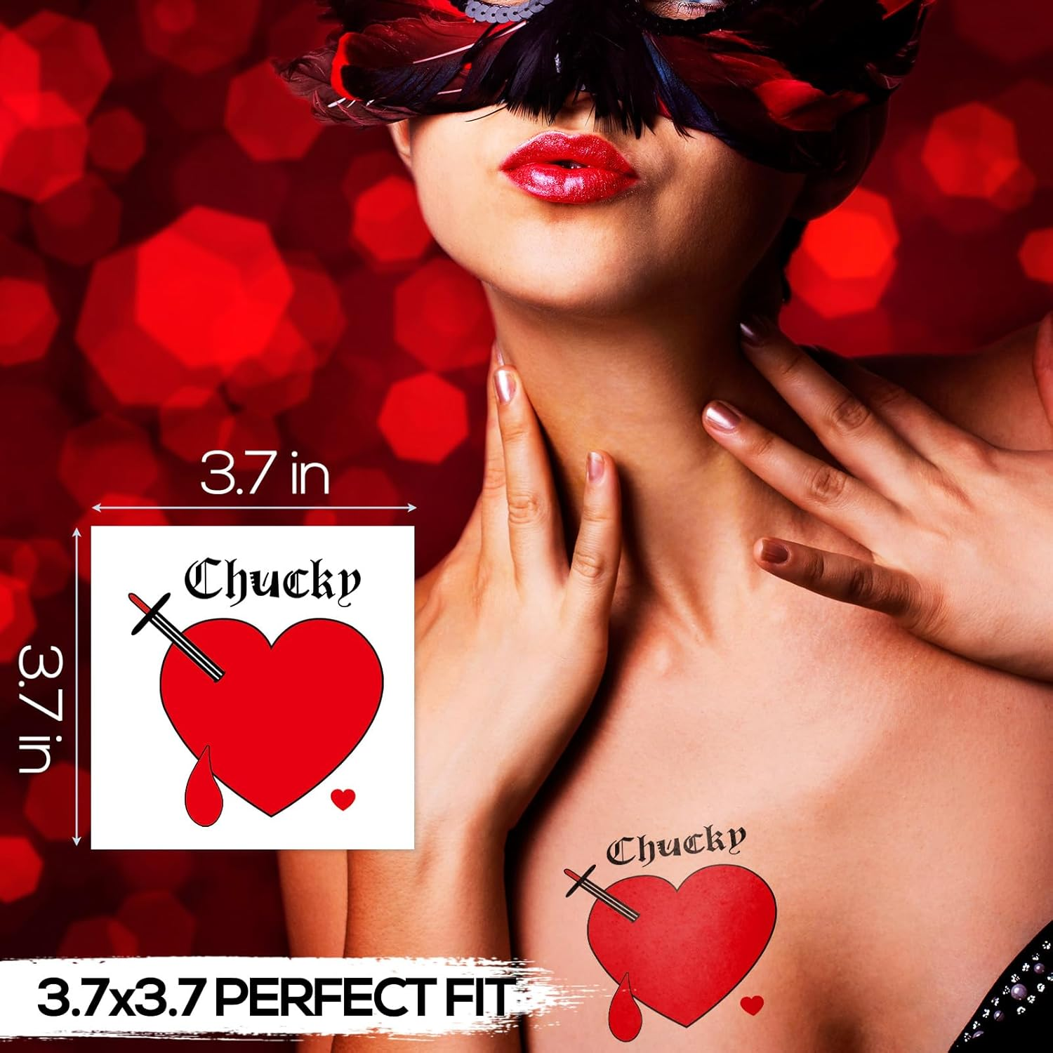 Bride of Chucky Heart Temporary Tattoos, 7-Pack Chucky Heart Tattoo Stickers, Perfect for Halloween Costume Parties and Cosplay image number 1