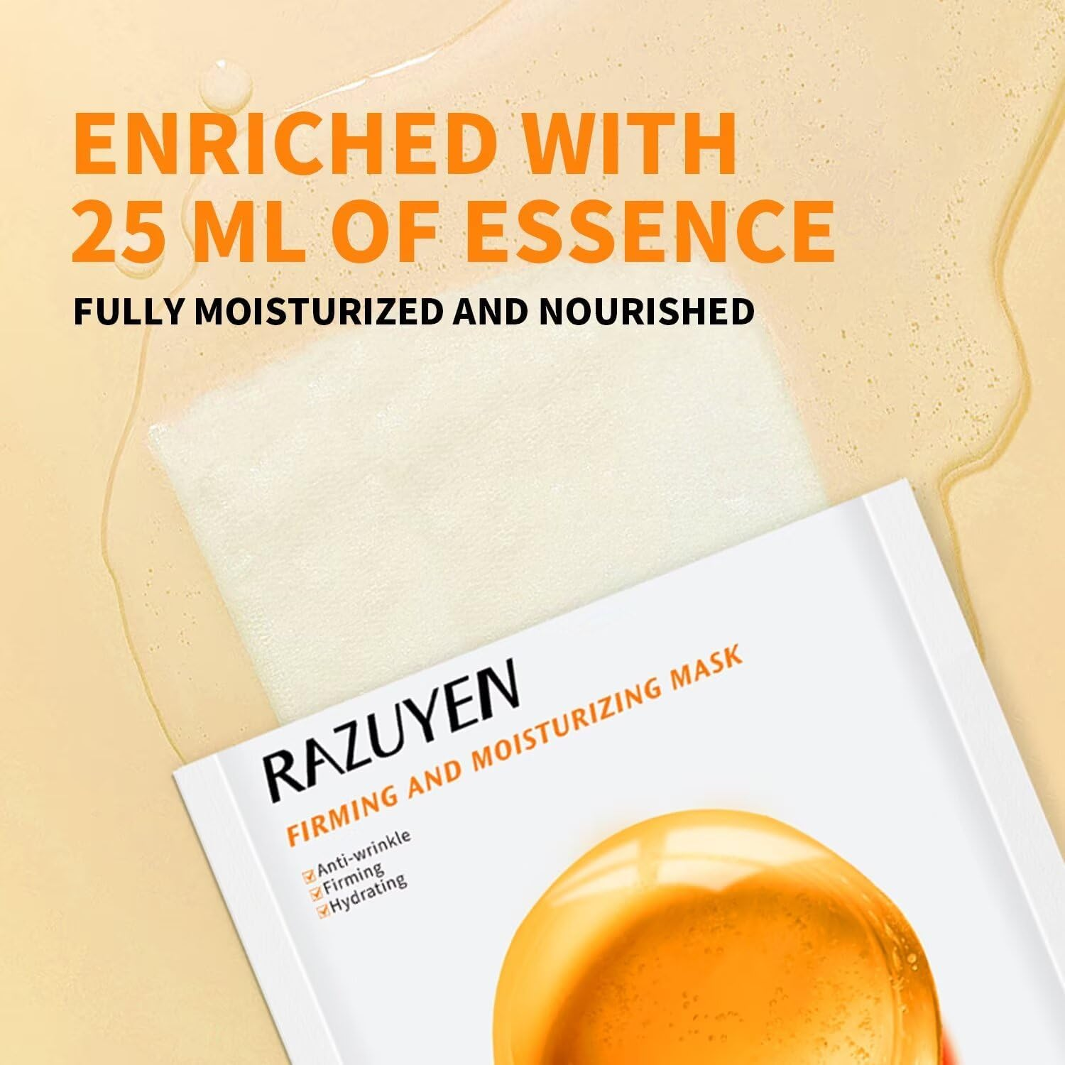 RAZUYEN Firming and Moisturizing Sheet Face Masks with Hyaluronic Acid and Peptides, Reduce Fine Lines and Wrinkles, Hydrating & Anti-Aging Spa Face Mask, Facial Skin Care (Pack of 10) - Yellow image number 4