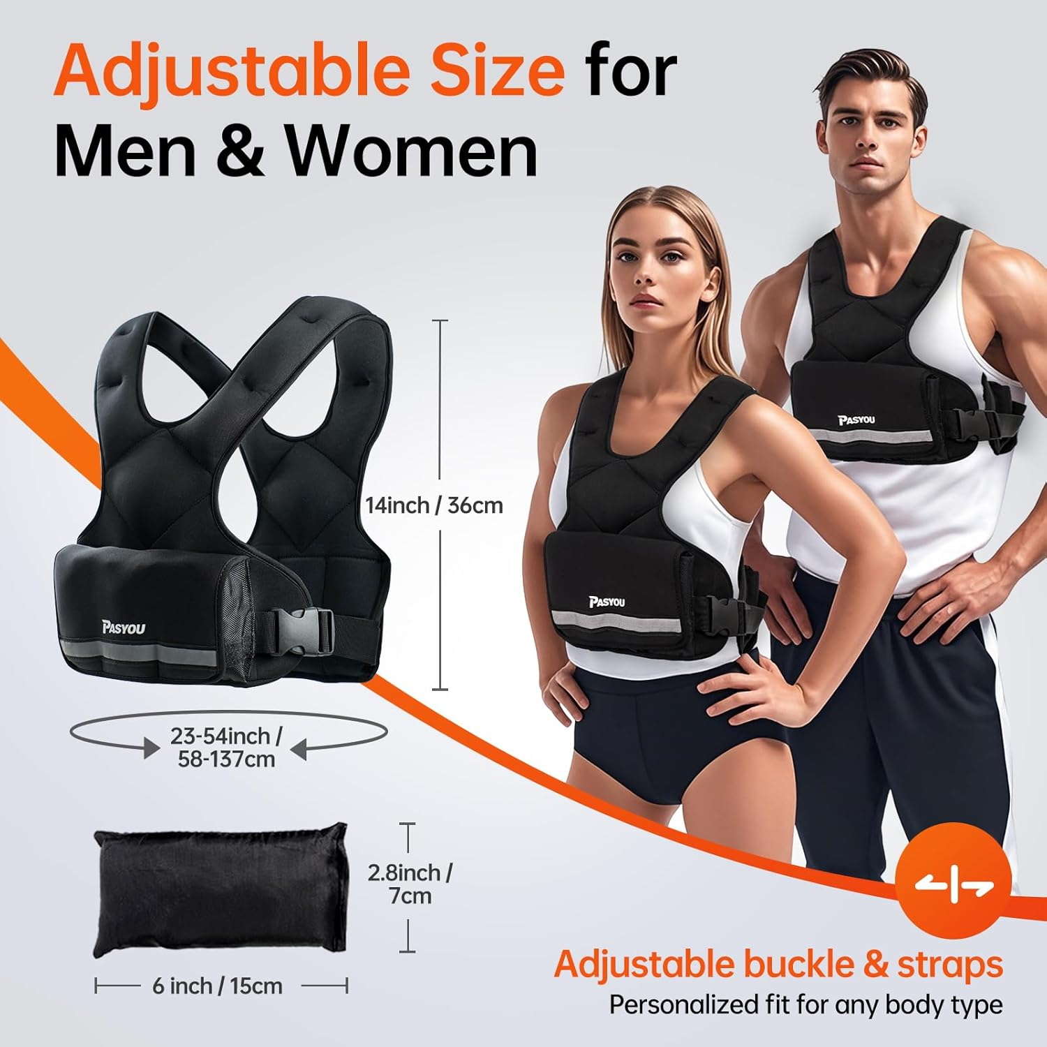 PASYOU Adjustable Weighted Vest 10LB-22LB with Reflective Strip Body Weight Vest with 6 Ironsand Weights 2 Ankle Weights for Men Women Running Weights Vest for Cardio Strength Training Walking Black image number 6