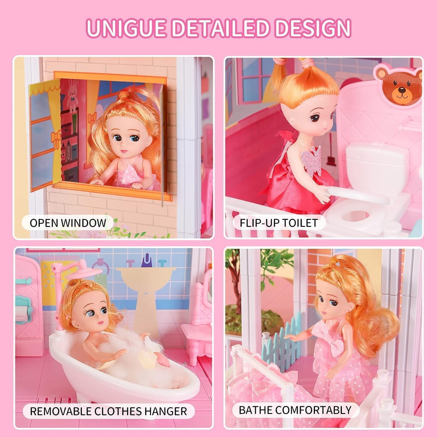 ZALLUC Dollhouse Girls Pretend Toys 4 Room- Doll Figure with Furniture, Accessories, Stairs, Pets and Dolls, DIY Cottage Pretend Play Dollhouse, for Toddlers, Boys & Girls image number 4