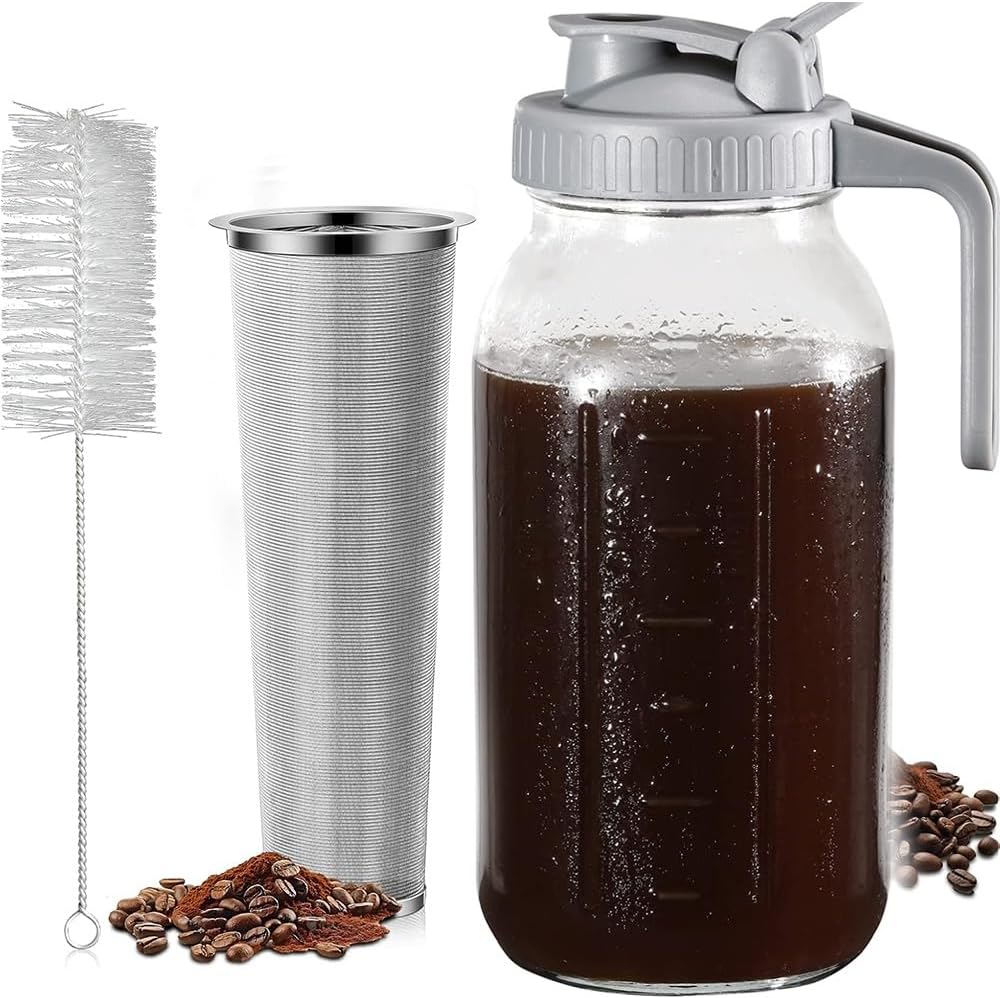 Cold Brew Coffee Maker Pitcher, 32 Oz Heavy Duty Wide Mouth Glass Mason Jar Pour Spout Lid with Stainless Steel Filter for Iced Coffee, Ice Lemonade, Fruit Drinks, Sun Tea (32Oz) image number 2
