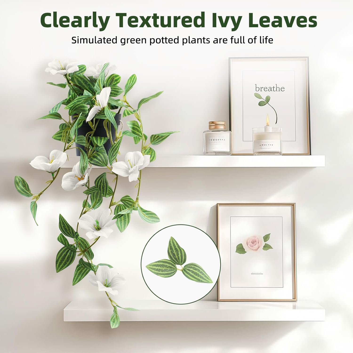 Vnezakl Artificial Ivy Hanging Plant with Flowers 3D Realistic Faux Greenery Fake Ivy Leaves UV Resistant Textured Floral Vine for Indoor Outdoor Wall Garden Home Decor - White image number 6