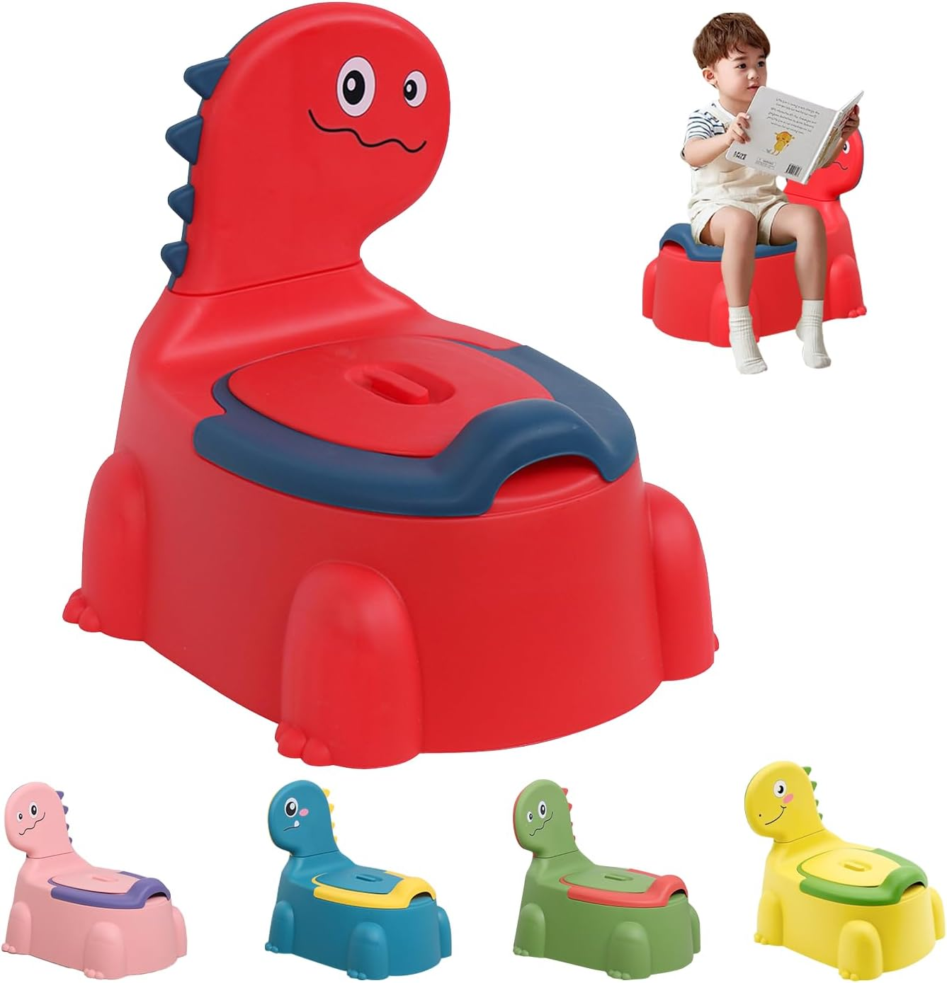 Dinosaur Potty Training Seat for Toddlers with Non-Slip Rubber Base, 110Lbs Capacity, Portable Travel Potty for Boys & Girls, Baby Potty Training Toilet Seat, Toilet Seat for Toddler (Blue)