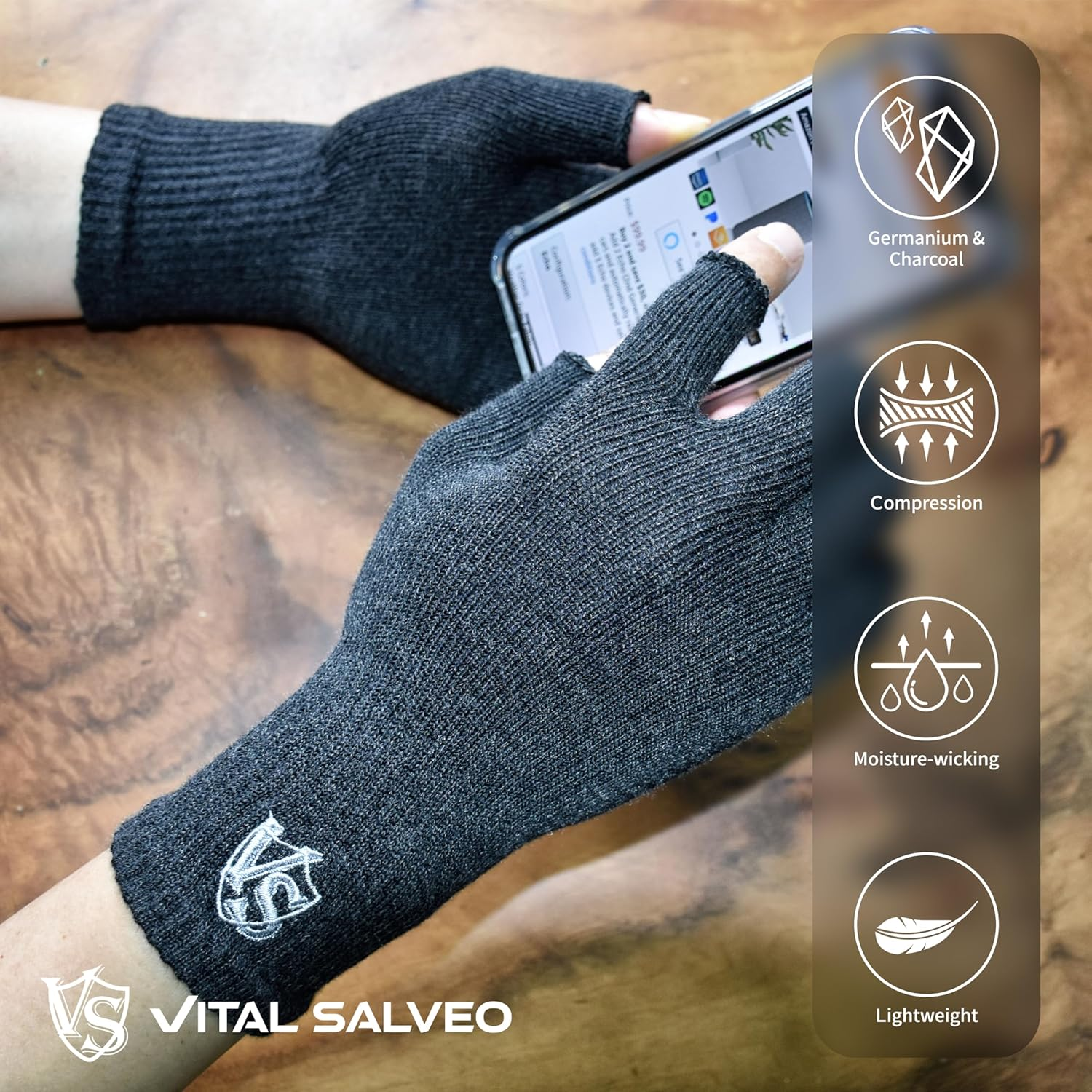 Vital Salveo Germanium & Charocal Fingerless Recovery Gloves,Half Finger Gloves,Arthritis,Stretchy Hands Office, Typing Texting,Circulation,For Men and Women (Pair) image number 2