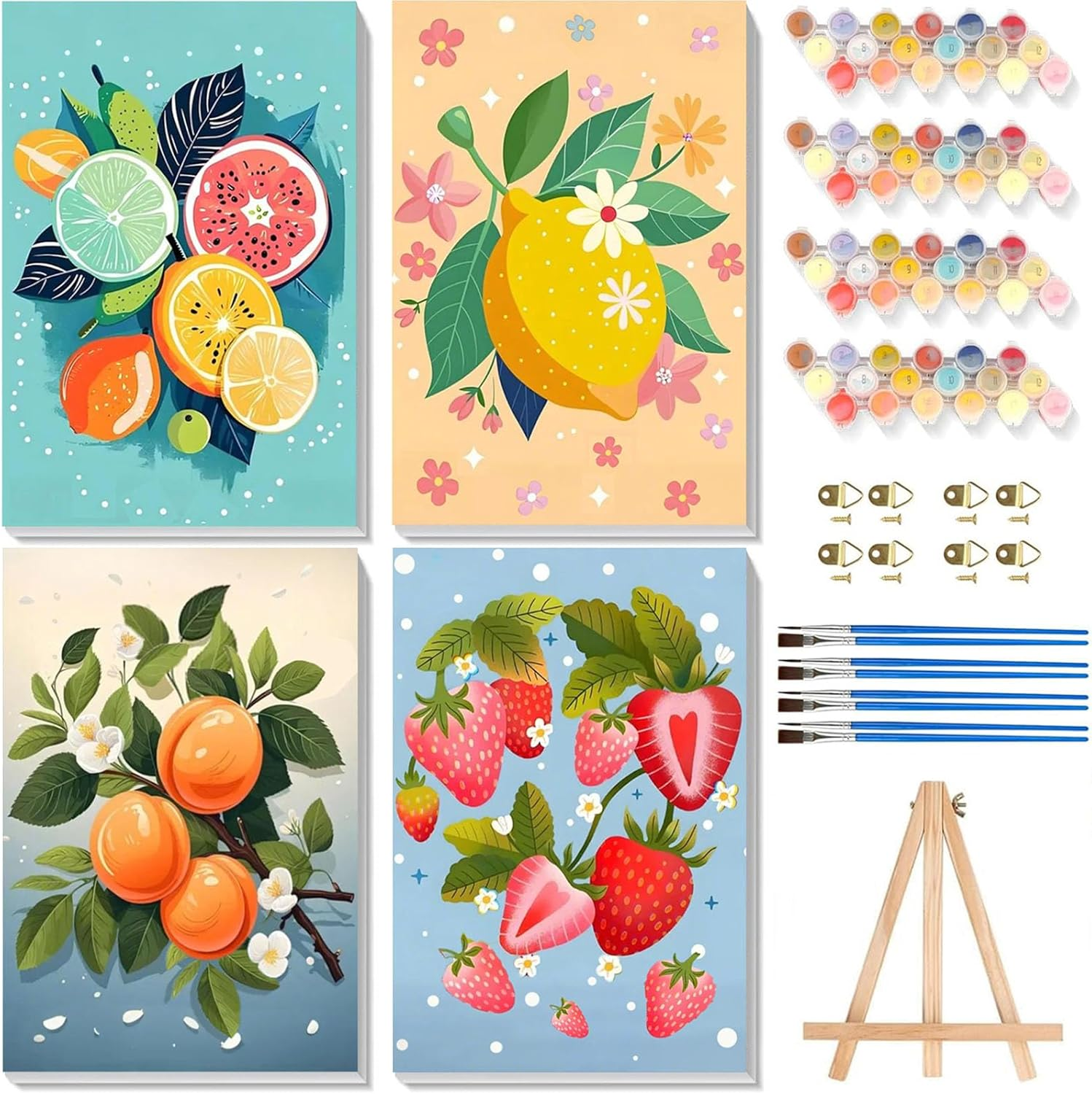 Pack of 4 Paint by Numbers Adults with Frame - Wooden Easel, Fruit Painting by Numbers for Beginners, DIY Simple Fruit Acrylic Oil Painting Kits with Brushes for Home Wall Decor, 20 X 30 Cm