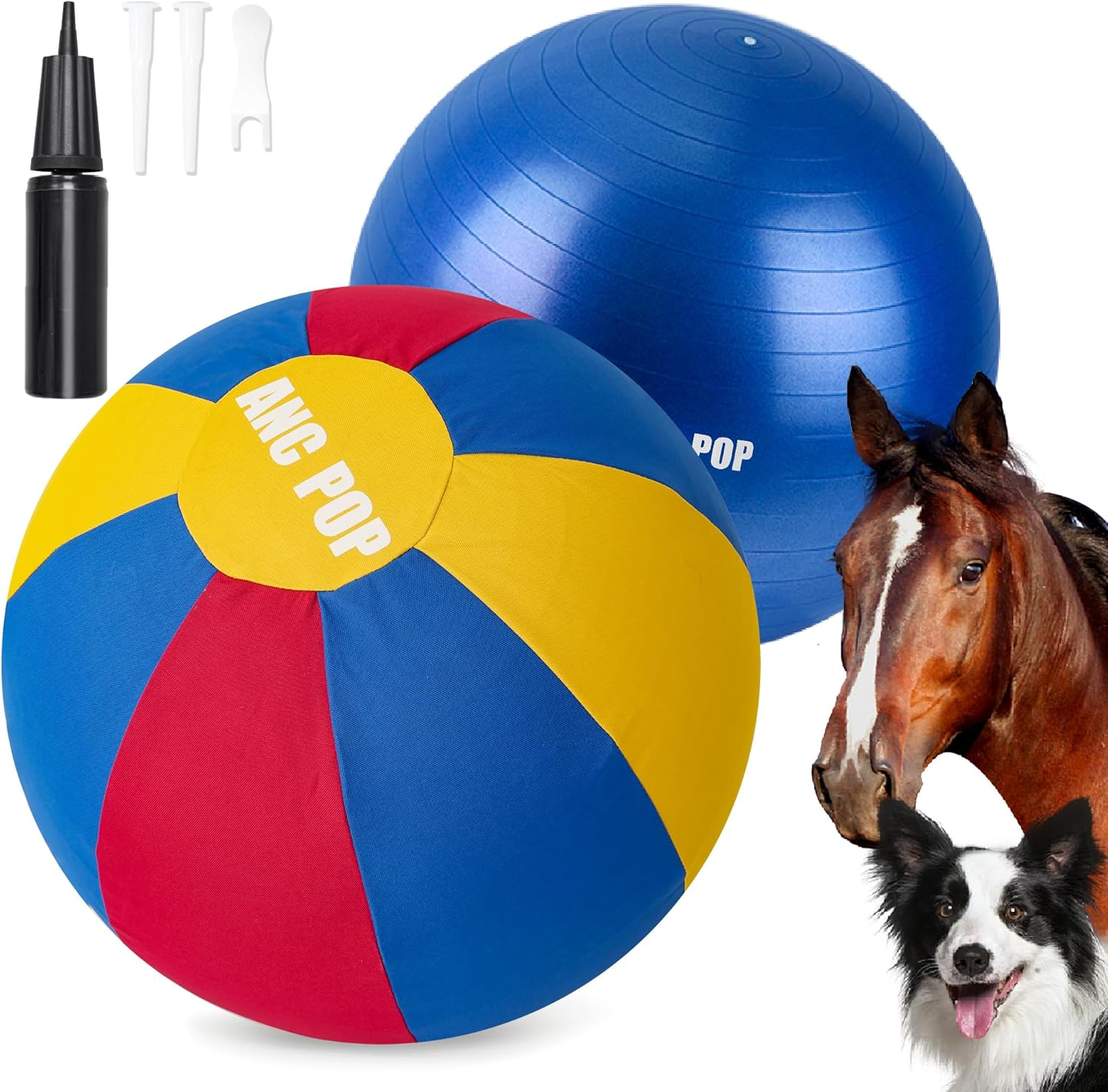 ANC POP Herding Ball for Dogs Horse Ball & Ball Cover 25" Ball for Horses Large with Hand Pump for Play Herding Ball Herding Ball Horse Toys for Horses Stall, Red and Blue and Black