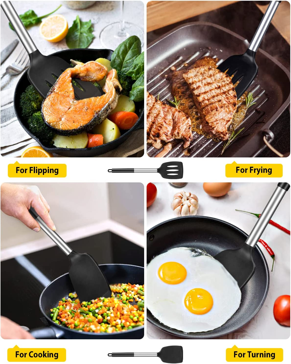 Pack of 2 Silicone Solid Turner,Non Stick Slotted Kitchen Spatulas,High Heat Resistant BPA Free Cooking Utensils,Ideal Cookware for Fish,Eggs,Pancakes (Black) - Blue image number 5