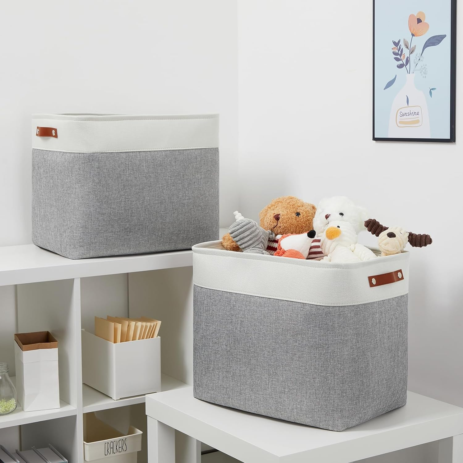 DULLEMELO Extra Large Storage Baskets, Fabric Storage Bins for Organizing Shelves Nursery Toys Books, Closet Baskets and Bins with Handles, White&Grey, 2-Pack image number 7