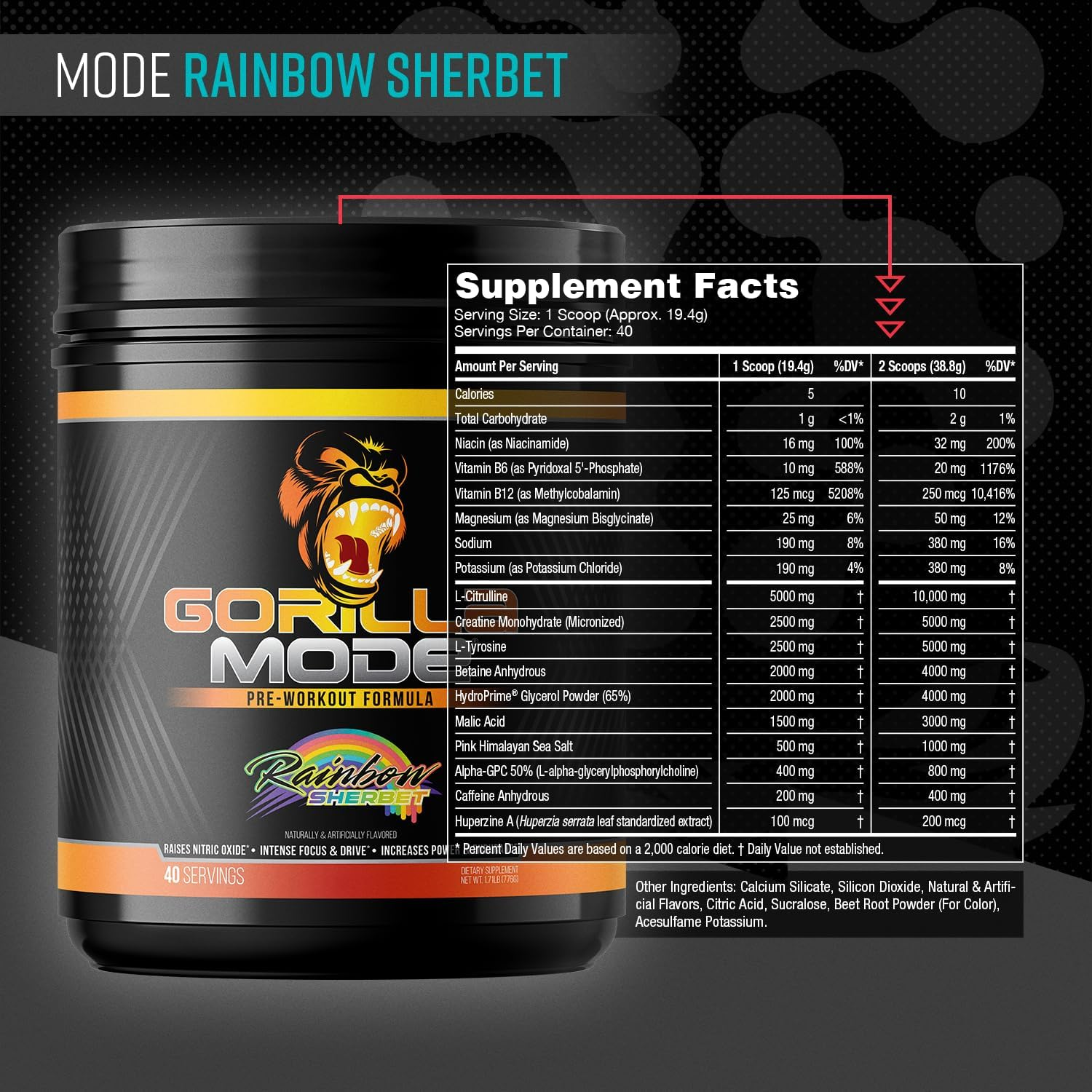 Gorilla Mode Pre Workout - Massive Pumps &middot; Laser Focus &middot; Energy &middot; Power - L-Citrulline, Creatine, L-Tyrosine, Betaine, Hydroprime&reg;, Alpha-Gpc, 400Mg Caffeine, Huperzine a - 776G (Rainbow Sherbet) image number 1