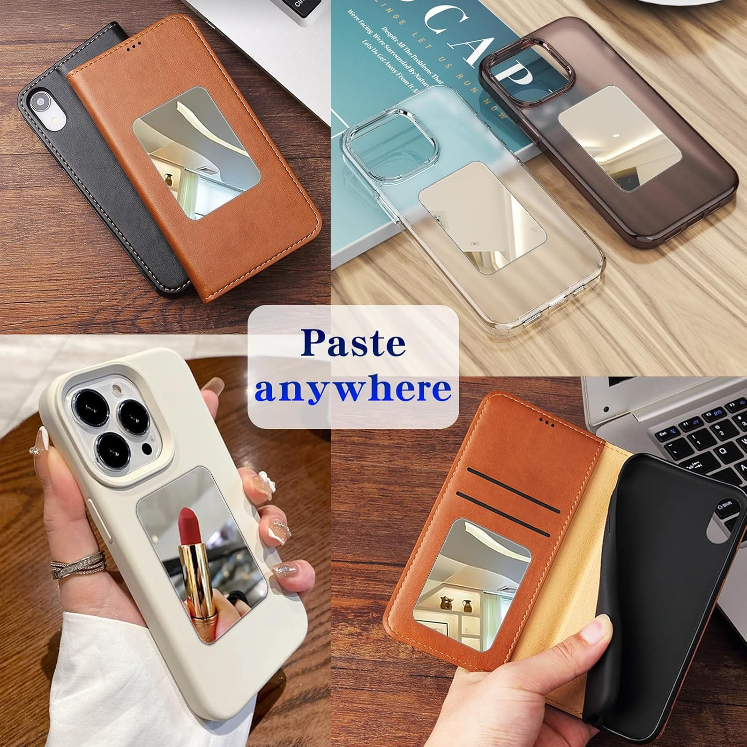 Square Mirror Decal for Smartphone，Stick-On Make up Mirror Sticker on Phone Case Back，Rectangle Mirror Phone Charm （2 Pack ） image number 4