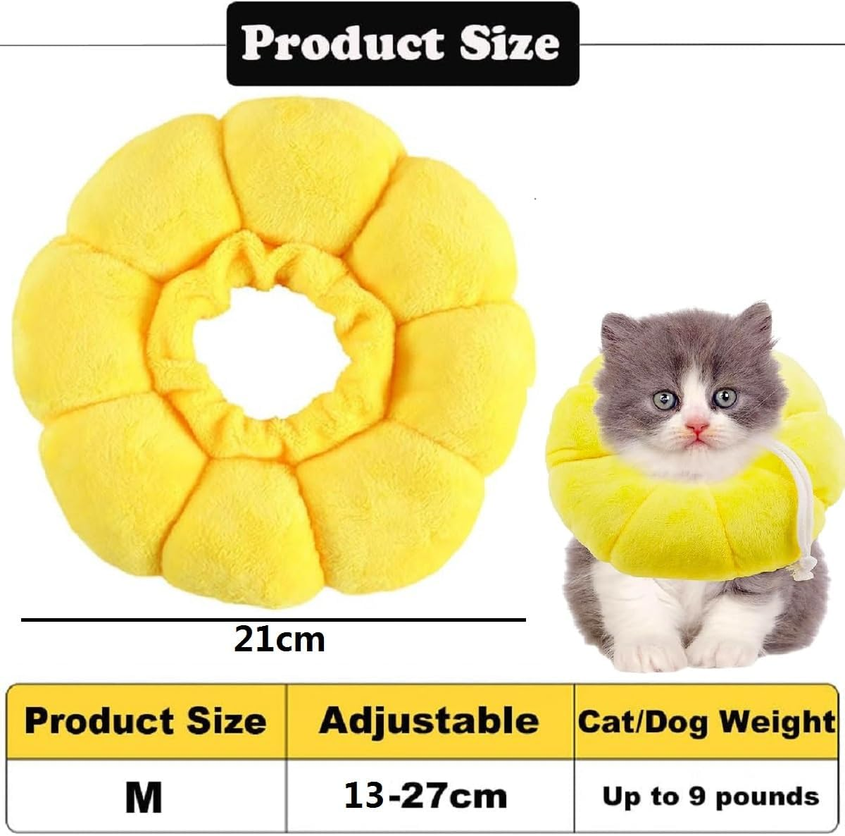 Kiuiom Pet Protective Collar, Cat Recovery Cone, Soft Yellow Cotton, Adjustable Size M (13-27Cm), Sunflower Shape, Anti-Bite, Post-Surgery & Injury Protection image number 3