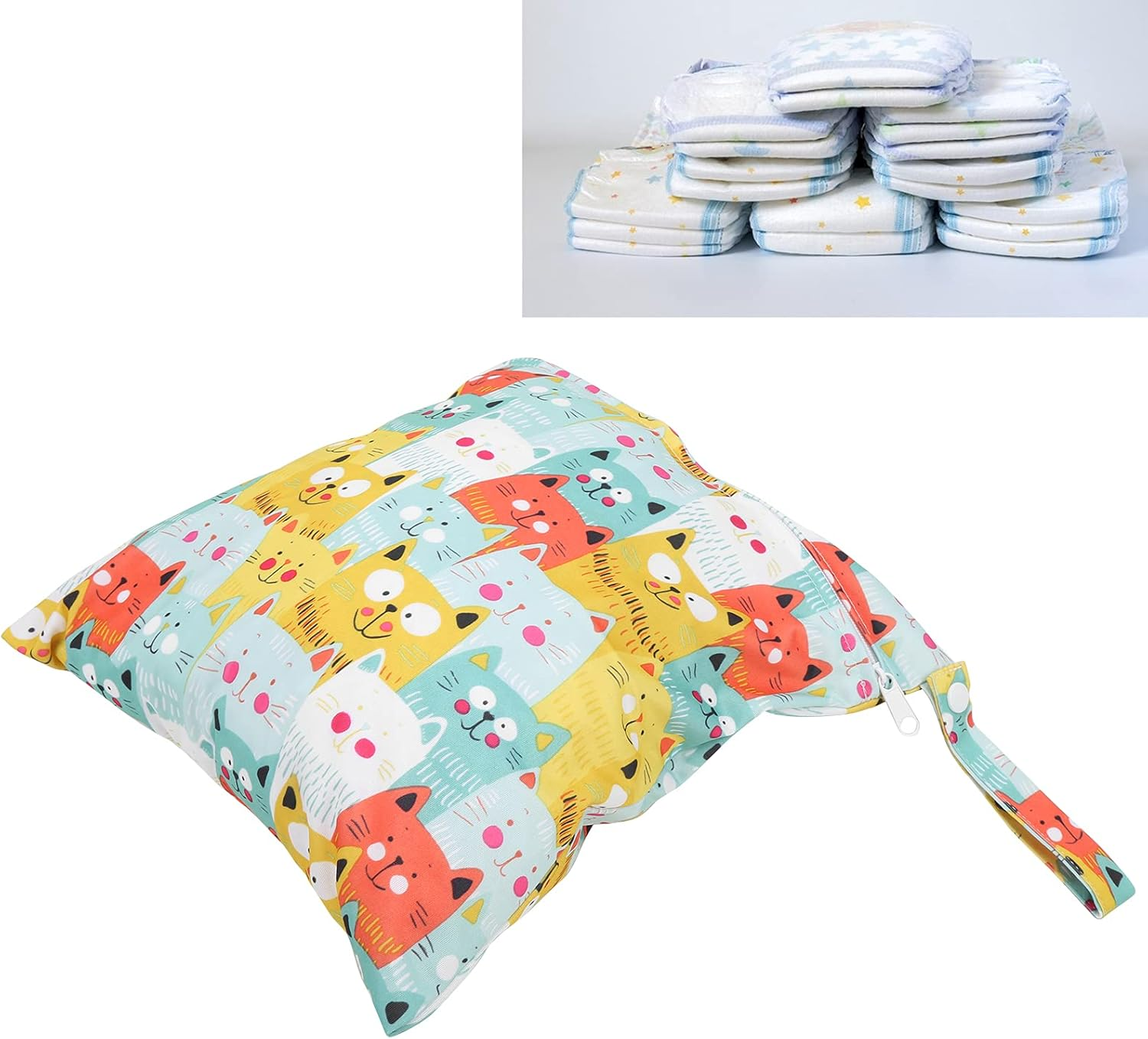 Cloth Diaper Bag, Organizer Bag Cartoon Pattern Single Zipper Double‑Layered Pockets Reusable with Handle Strap for Travel for Cosmetic Bag(Color Cat) image number 2