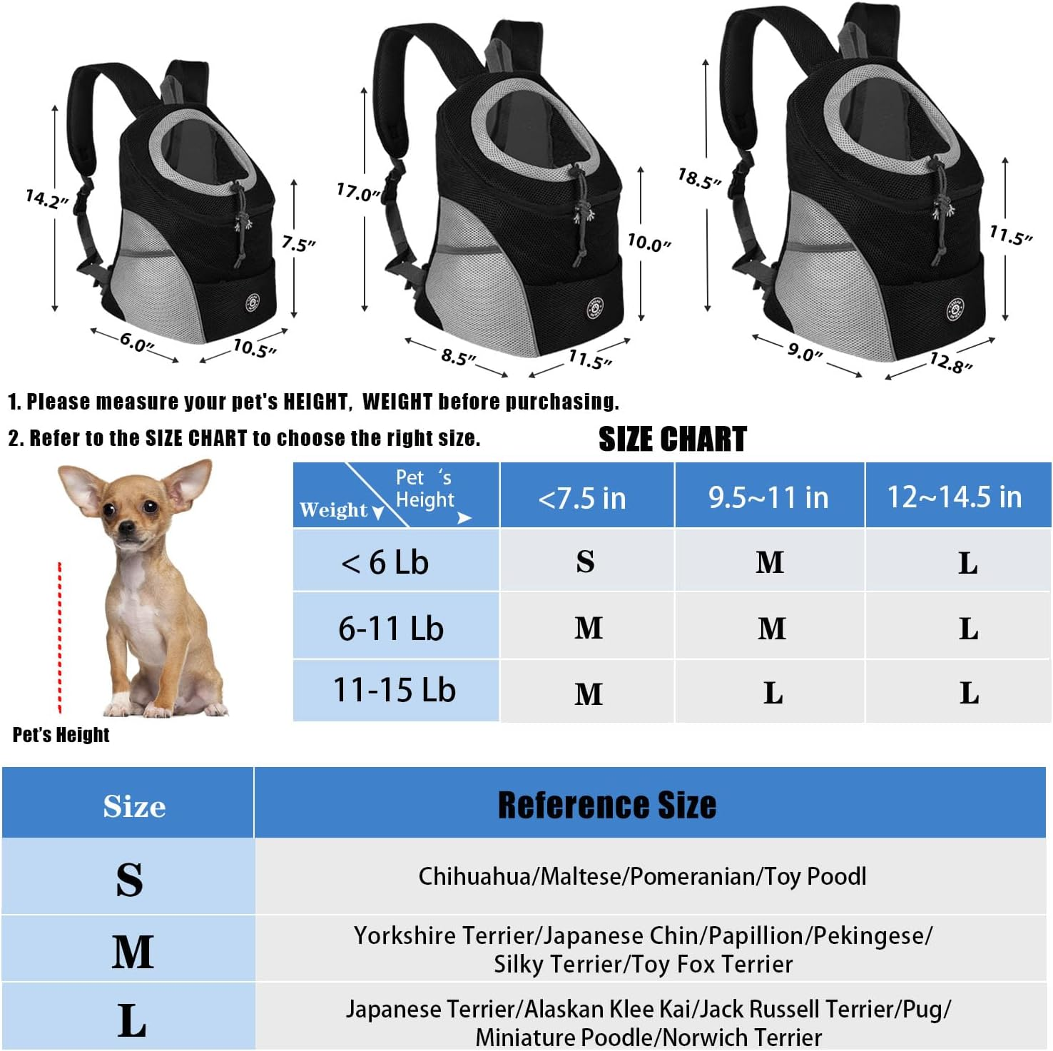 Dog Backpack Carrier Pet Carrier for Small Medium Dogs Travel Bag Front Pack Breathable Adjustable with Safety Reflective Strips for Hiking Outdoor Cats image number 2
