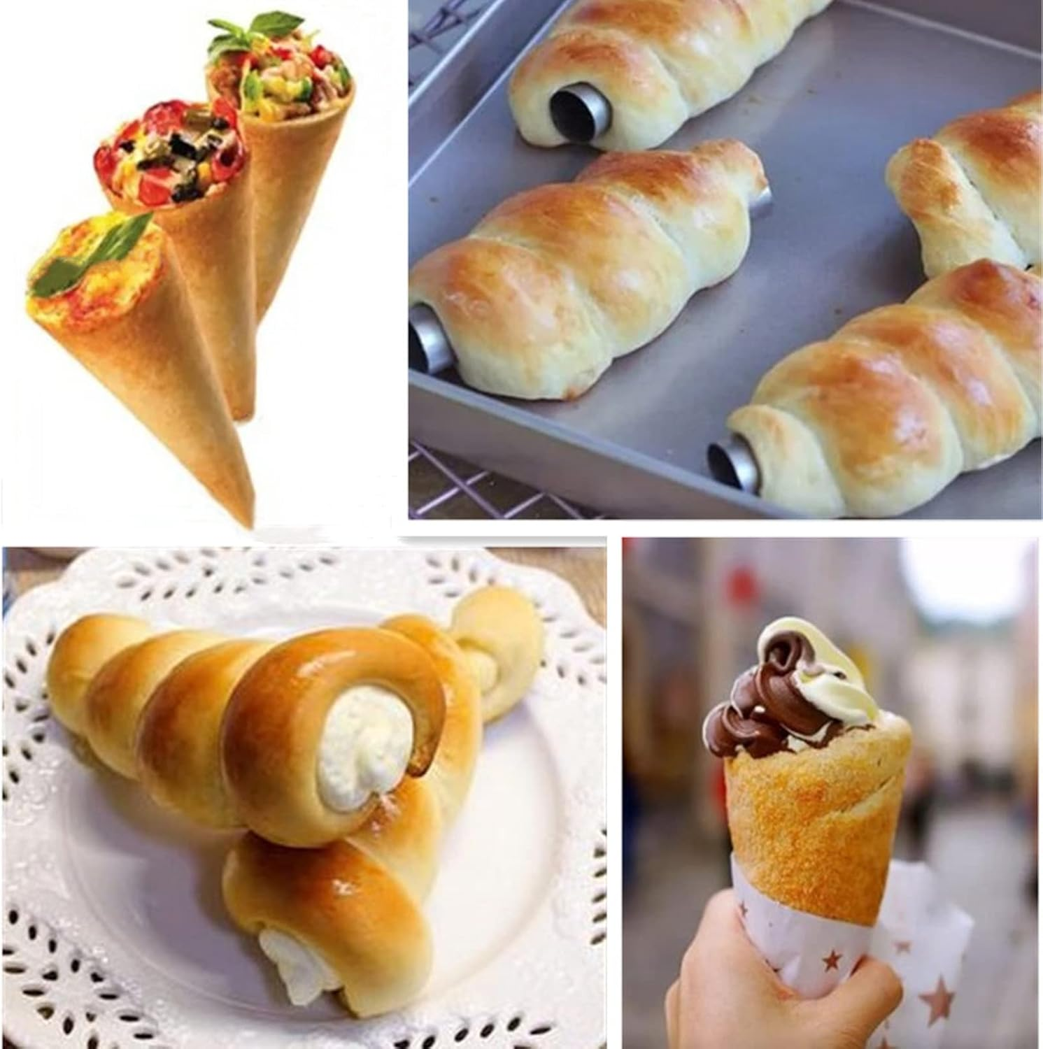 Joyeee 16 Pack Stainless Steel Cream Horn Molds Mini, with Piping Bags Reusable, Cream Icing Piping Nozzle Tip Long and Cleaning Nozzle Brush Baking Accessories Decorating Tool, 3.4 Inch - 09 10Pcs Large Cone + 10Pcs Large Cubes image number 3