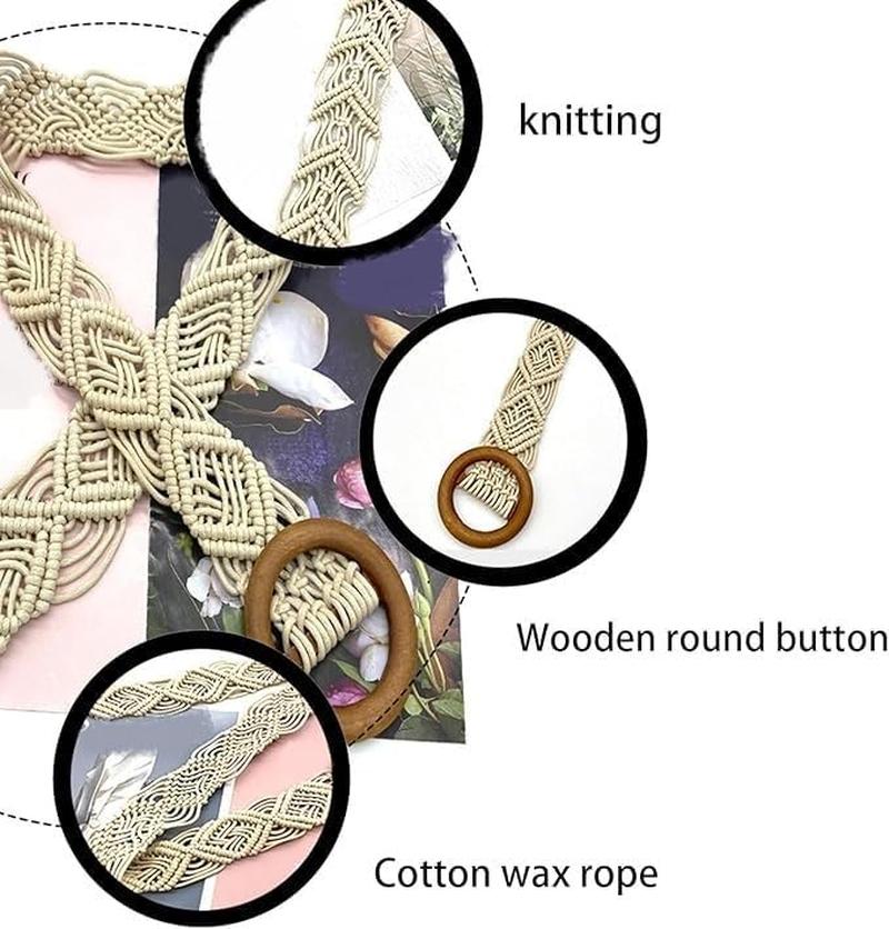 Belts Boho Woven Rattan Rope Braid Waist Belt with O-Ring Wooden Buckle Bohemian Style Skirt Fashion Skinny Macrame Waistband for Women Girls Braided Belt Dress Jeans image number 2