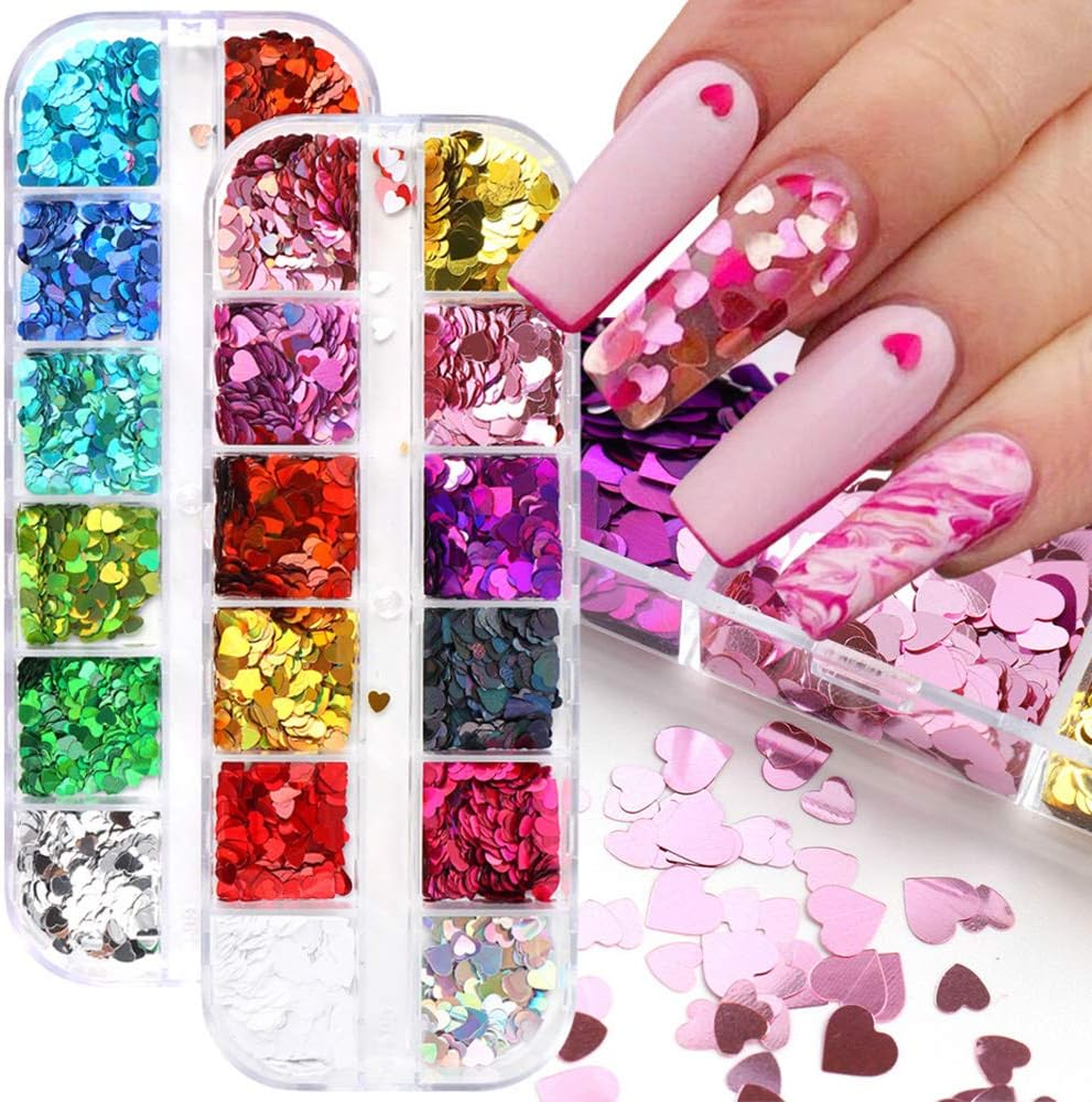 Macute Heart Nail Glitter Sequins Set of 24 Colors Holographic Heart Nail Confetti 3D Laser Heart Shape Nail Decals Flakes Ultra-Thin Nail Accessory Glitters Heart for Nail Art Decor Valentine&rsquo;S Day image number 1