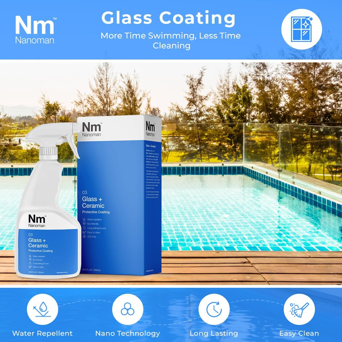 Nanoman Glass + Ceramic Coating &ndash; Hydrophobic, Easy-Clean Protection for Pool Fences & Glass Balustrades, 750Ml image number 3
