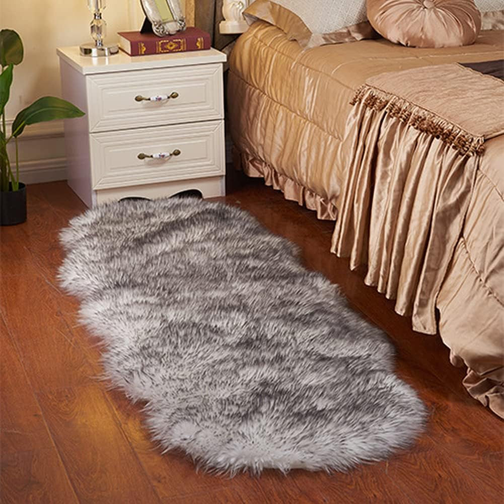Soft Faux Sheepskin Fur Rug Fluffy Area Rug Floor Mat Luxury Carpets Chair Cover Seat Pad Shaggy Rug for Bedroom Sofa Living Room (2 X 5 Ft Sheepskin, White Grey - Black image number 5