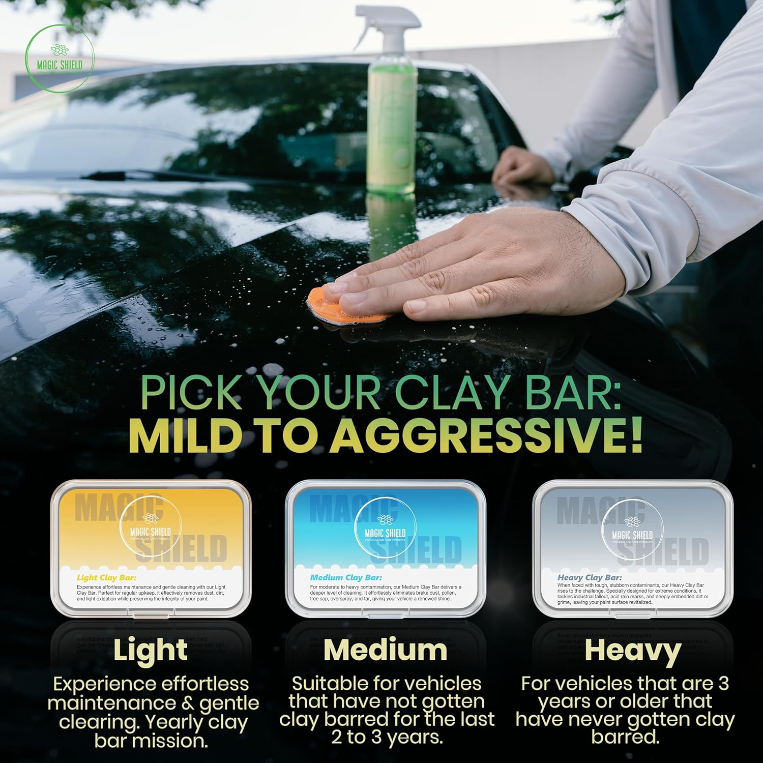 Magic Shield Clay Bar Triple Pack &ndash; 100G Light, Medium & Heavy Bars + Glidetech Lubricant Spray | Professional Auto Detailing, Deep Cleaning & Shine Restoration image number 3