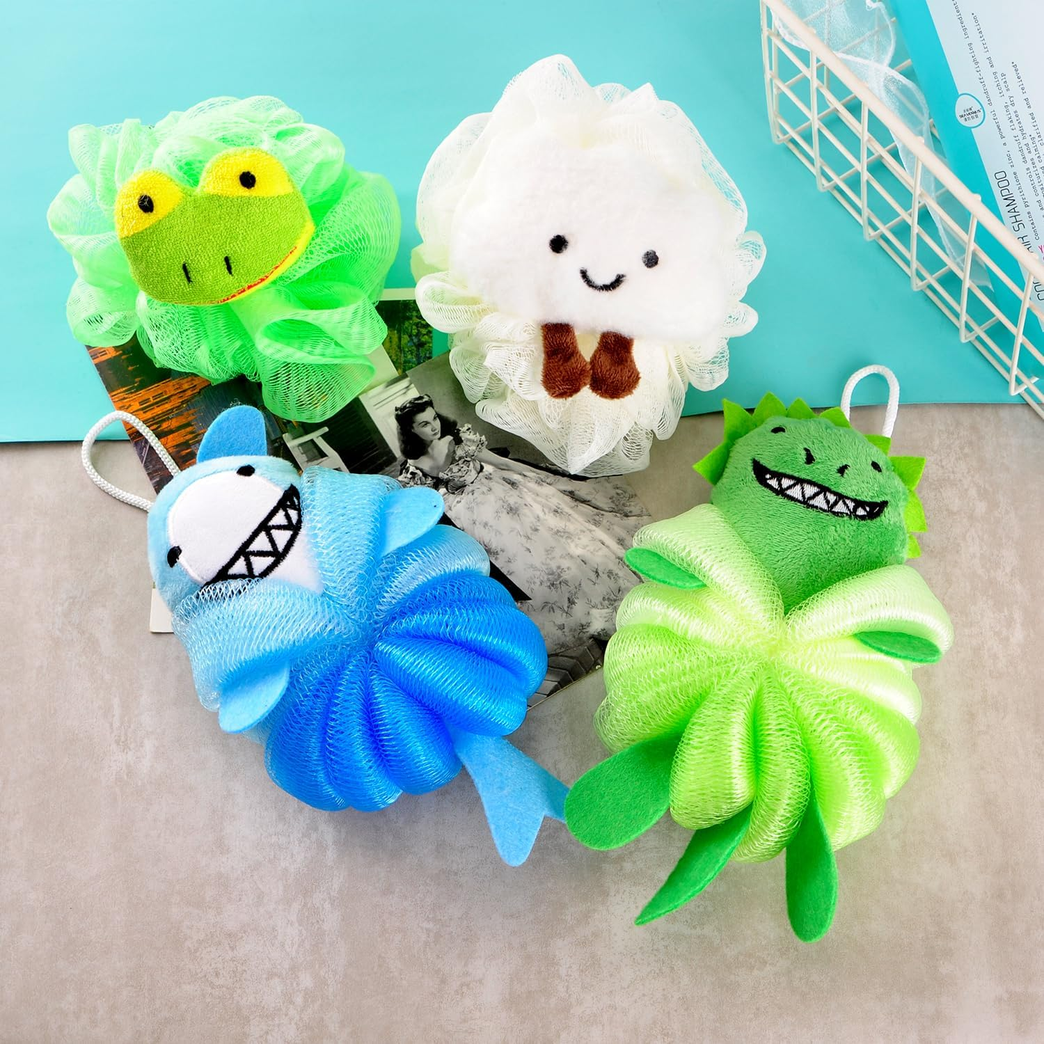 RAMFIYN 2 Pack Fun Bubble Bath Kid Loofahs, Cute Animal Loofah Bath Sponge, Shower Puffs Body Scrubber, Fun Bath Sponges - Frog and Sheep
