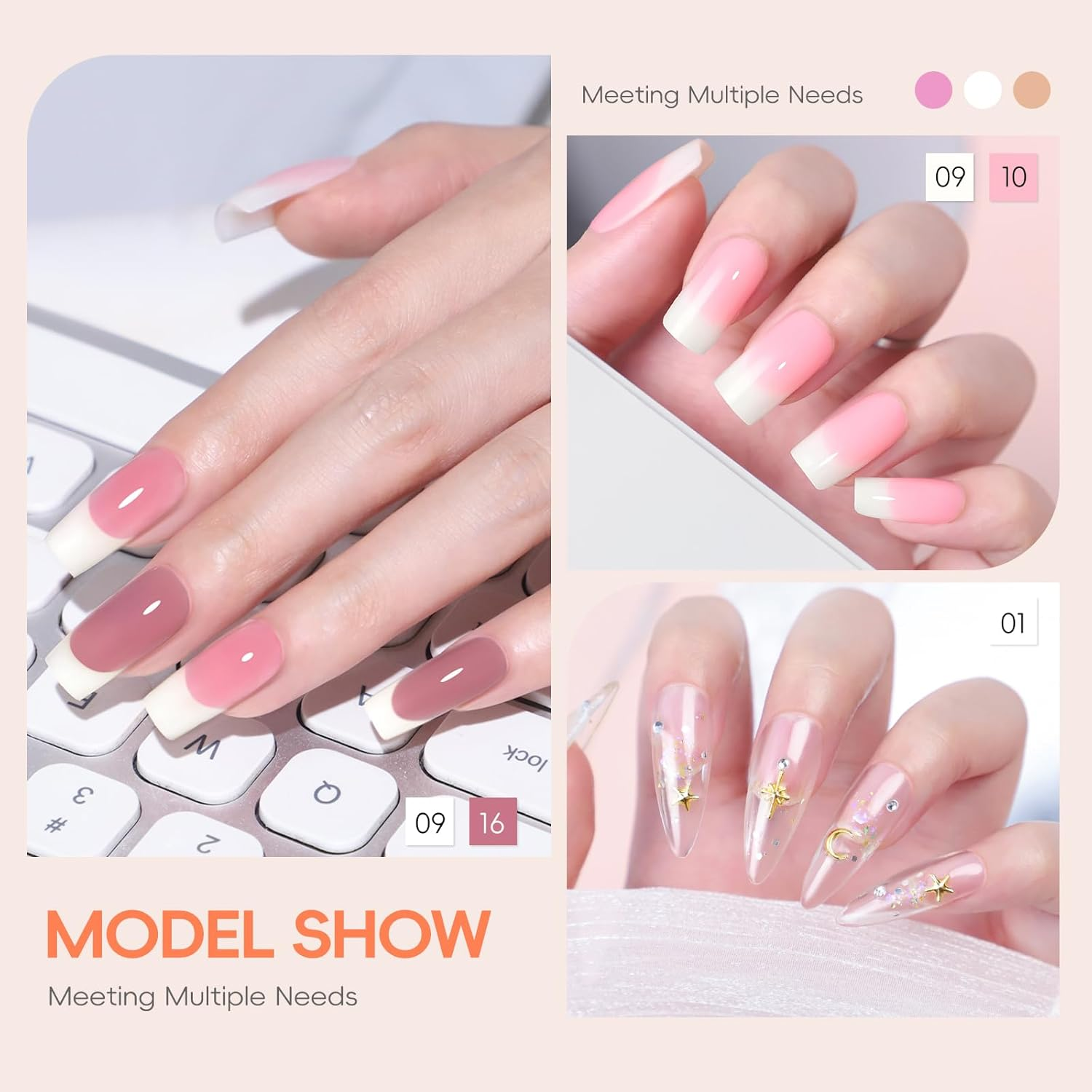 PEACECOLOR 24Pcs Poly Nail Gel Kit with U V Light 6 Colors Clear Pink Nude Poly Extension Gel with Glossy/Matte Top Coat Nail Rhinestones Starter Kit DIY Home Gifts for Women image number 6