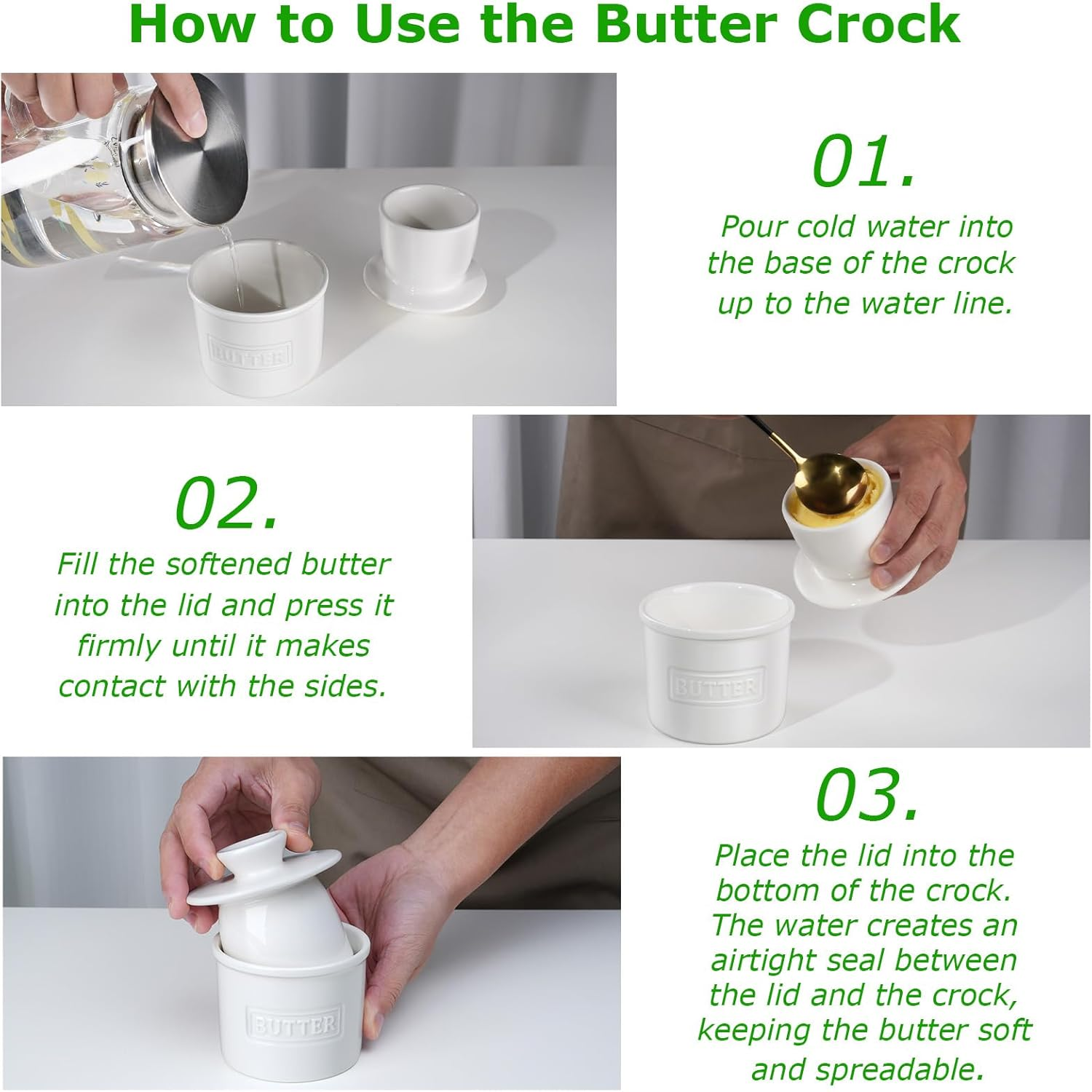 JSHKY Butter Crock with Spreader, Porcelain French Butter Keeper for Countertop, Butter Container for Soft Butter, Gift for Mother&rsquo;S Day, Thanksgiving Day and Christmas, AU, Color-White. image number 3