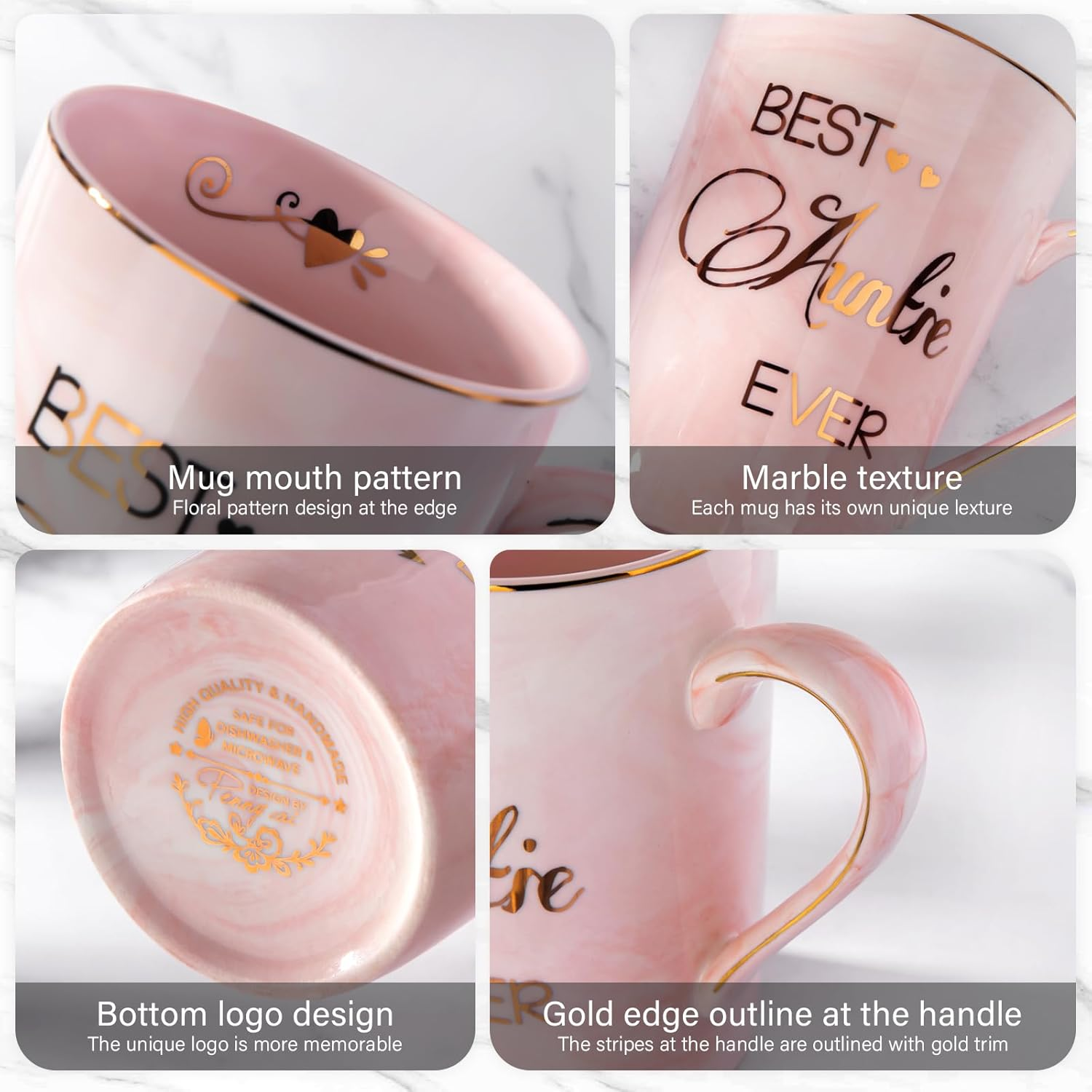 Best Aunt Uncle Ever Coffee Mug, Auntie Cup Uncle Mug, Christmas Birthday Gifts for Aunt and Uncle, Mothers Fathers Day Presents for Uncle Aunt from Nephew Niece, 14Oz Marble Gold Print Mug, Pink Grey image number 1