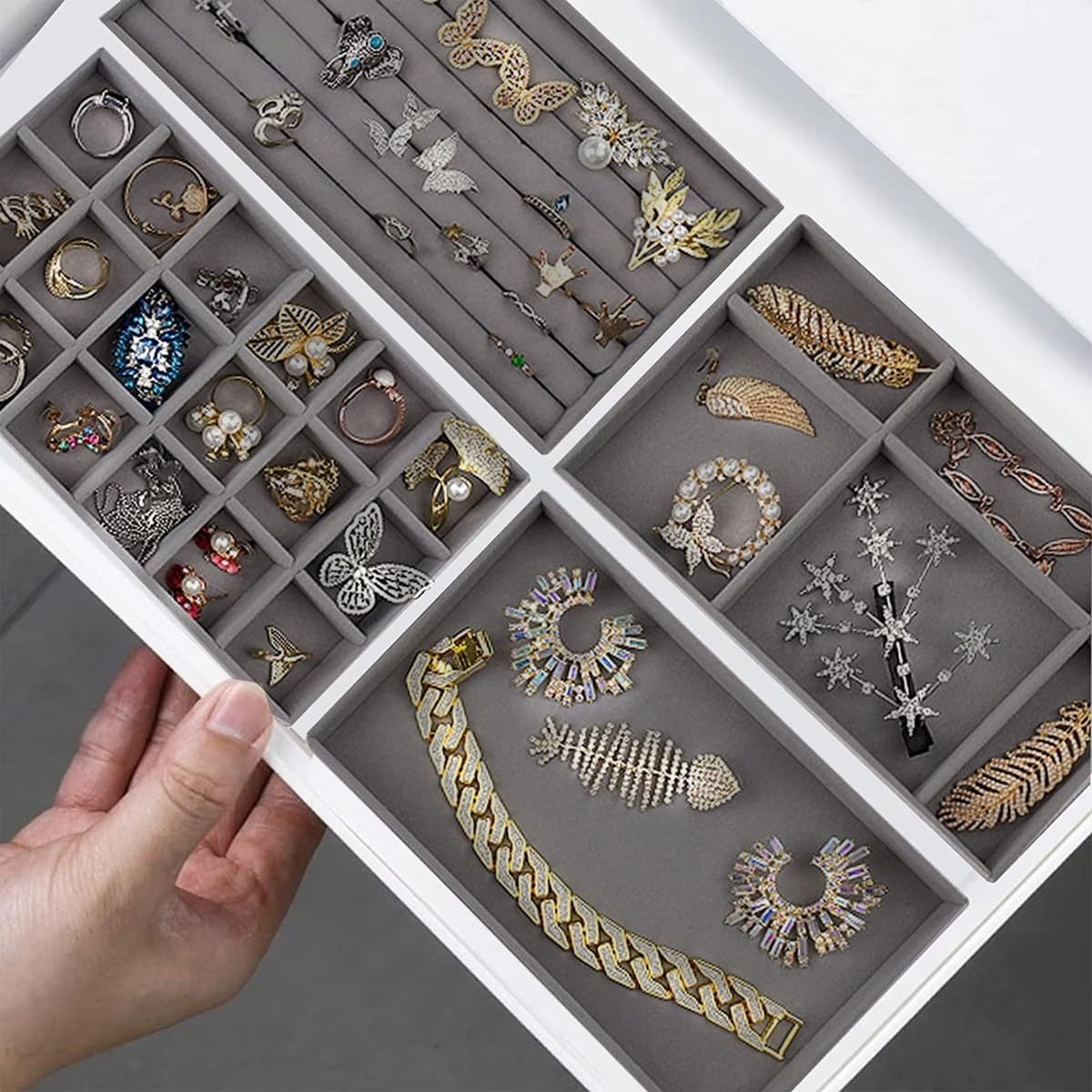 AIMALL 4PCS Grey Flocking Jewelry Display Storage Box Set Desktop Makeup Organizer Tray for Earrings Rings Bracelets Necklaces Velvet Jewellery Storage Holder 4.8In X 8.3In Compartments image number 1