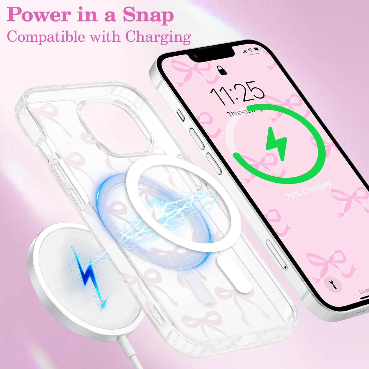 UEEBAI Magnetic for Iphone 14 Case & Iphone 13 Case, Bow Case Compatible with Magsafe, Wireless Slim Clear Ribbon Phone Case Anti-Yellowing Shockproof Protective Cover for Women Girl - Pink image number 3