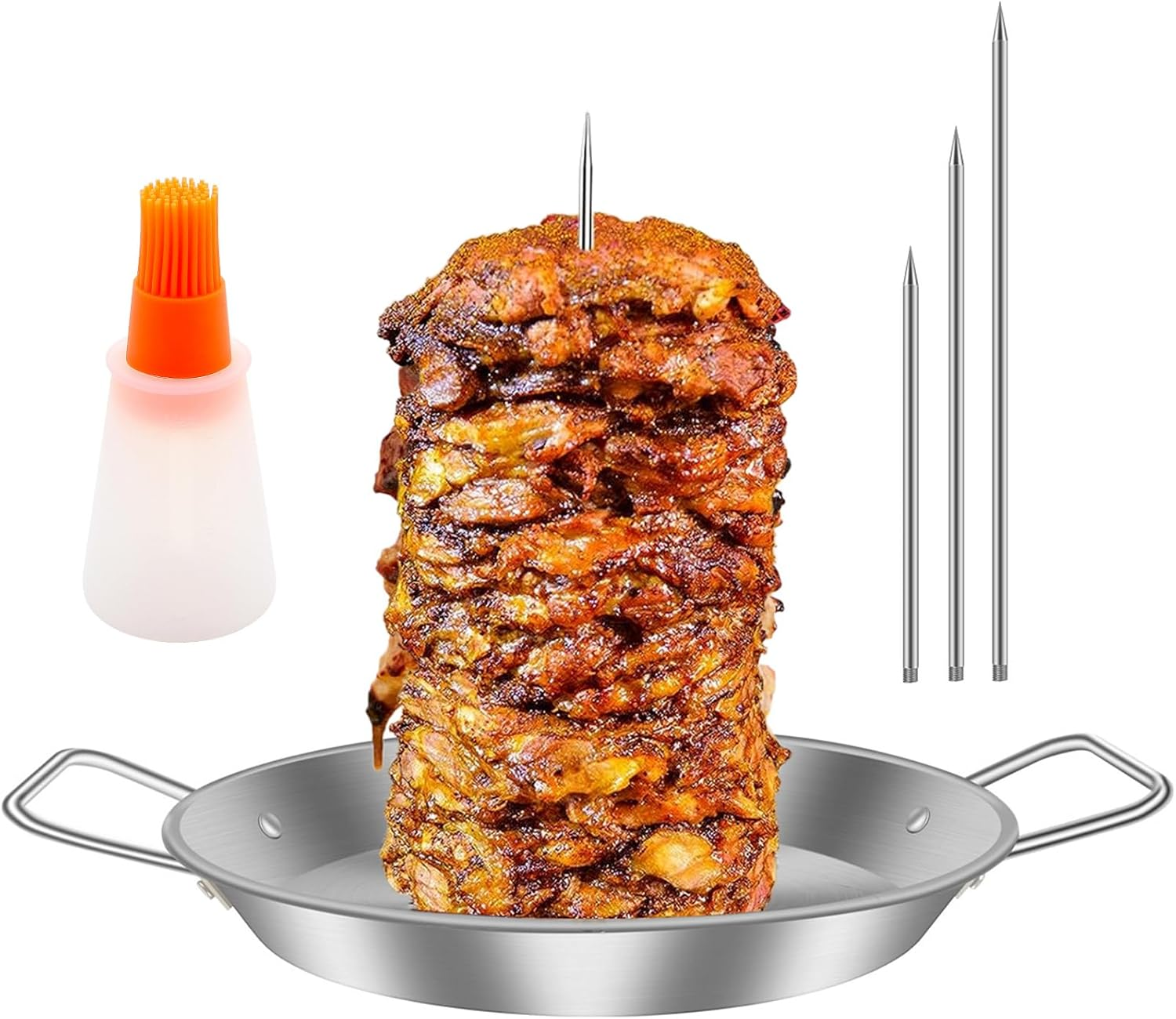 Vertical Skewer Grill, Stainless Steel Al Pastor Skewer with 3 Removable Spikes 8/10/12 Inch Oil Brush, Reusable Vertical Barbecue Rack, Shawarma Kebabs Smoker Oven BBQ Dishes image number 3
