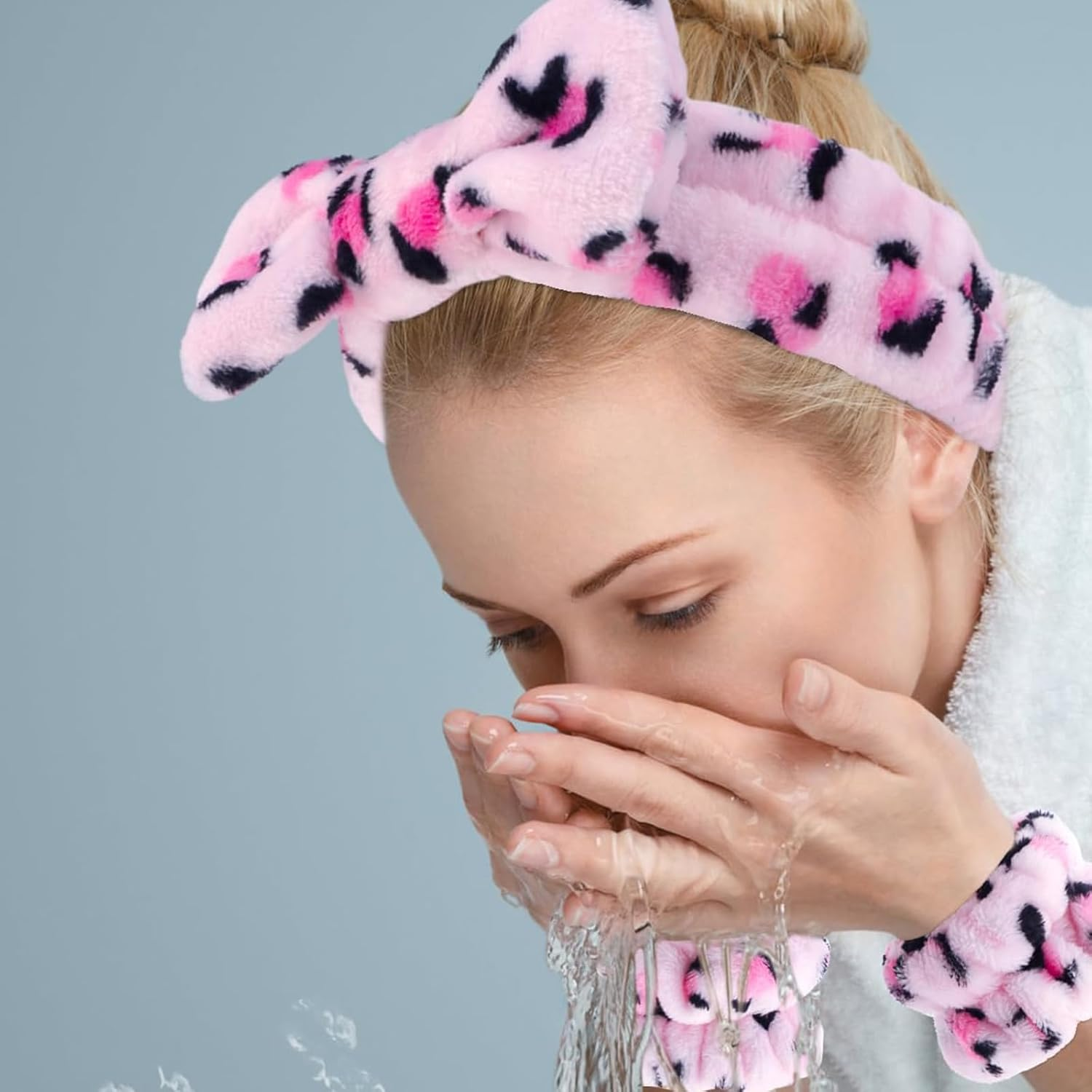 3 Pack Spa Headband Set - Pink Leopard Print Plush Headband & Wrist Cuffs for Women Girls,Soft Microfiber Face Wash, Skincare, Makeup & Bath Accessories Gift image number 1