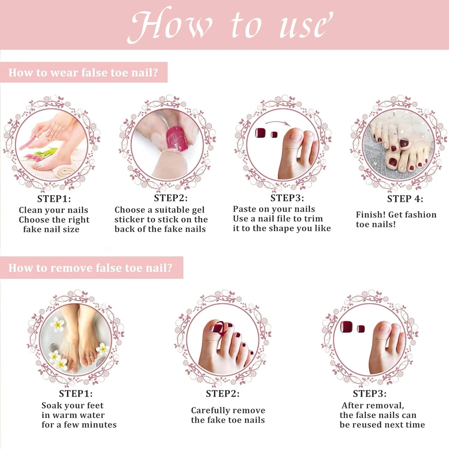 NATOSU Pink French Tip Press on Toenails Short Glitter Fake Toenails Square Shape Fake Toenails Cute Designs Full Cover Stick on Toenails for Women image number 5