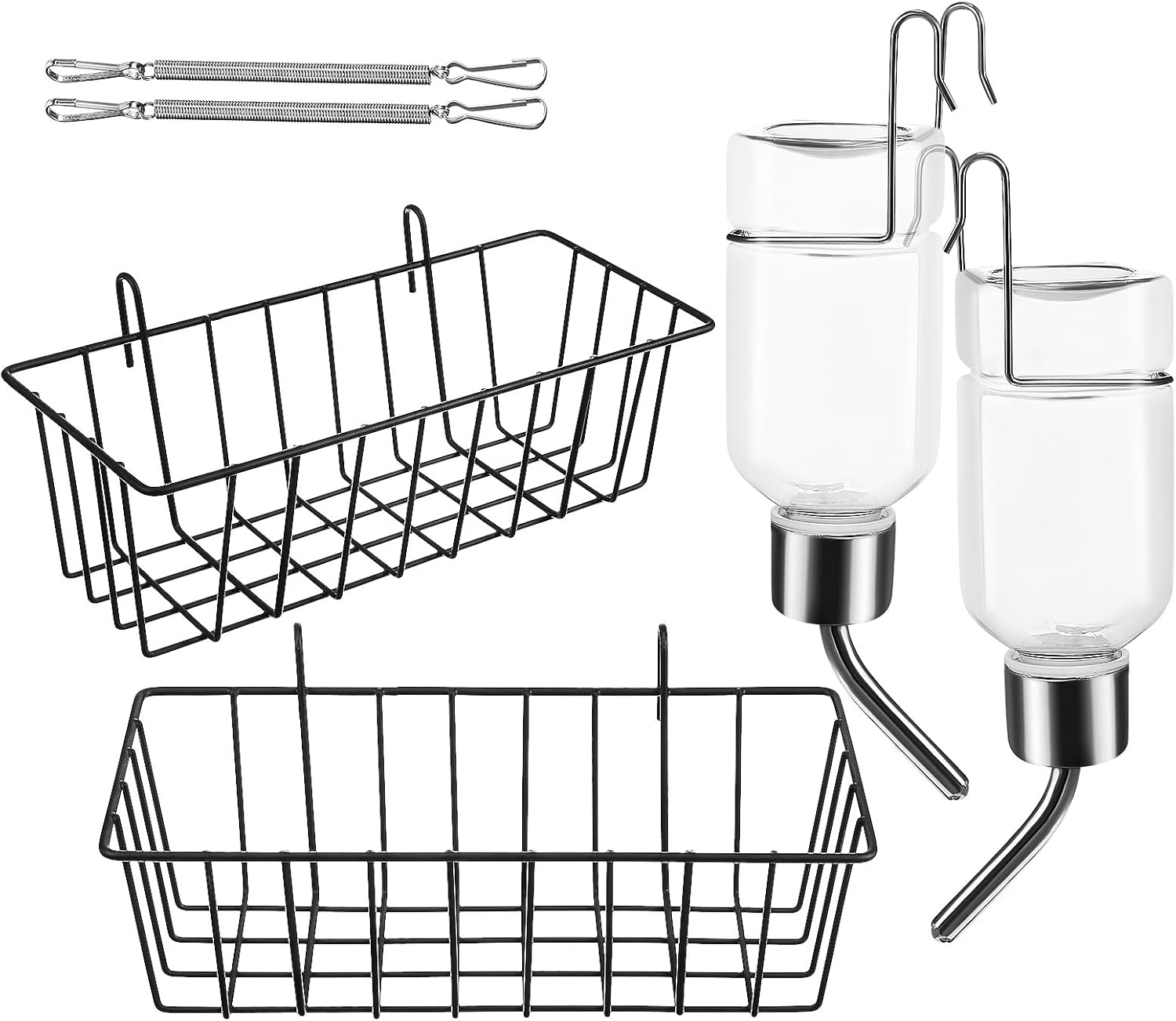POPETPOP Rabbit Hay Feeder 2 Pieces Hanging Hay Holder Made of Metal with 2 Pieces Small Animal Water Bottles Robust Hay Holder with Frame for Guinea Pigs Rabbits Chinchilla