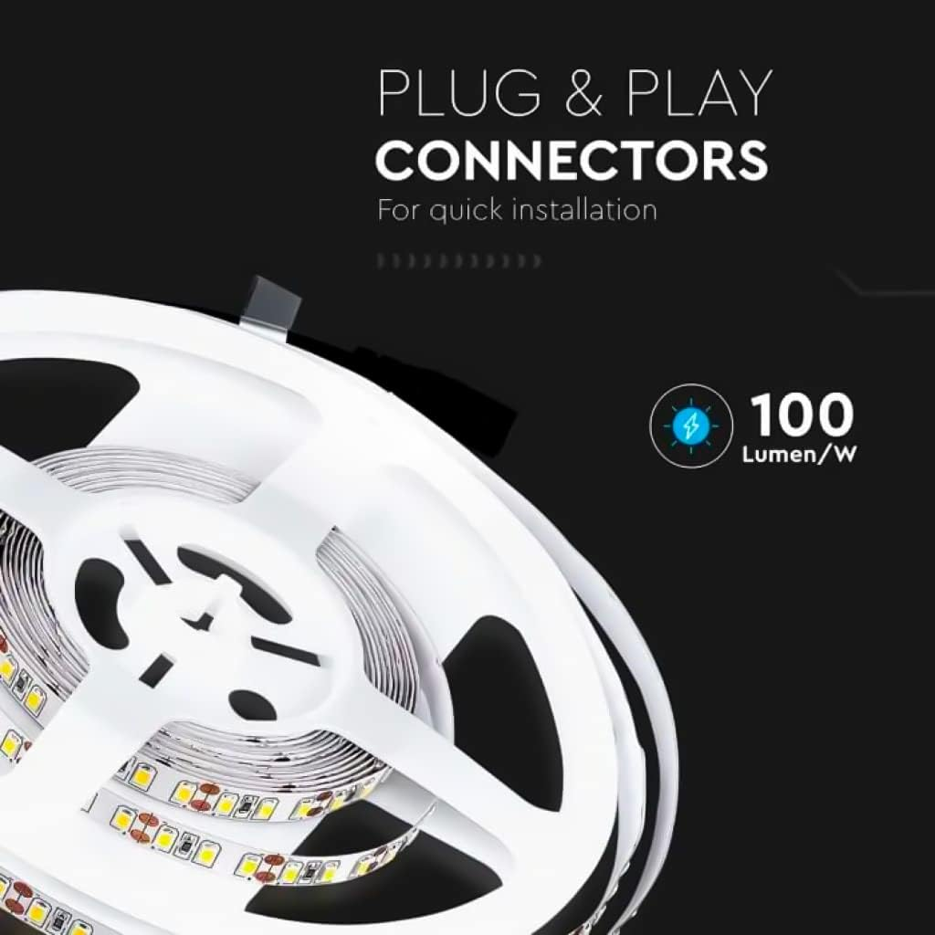 V-TAC SMD 3528 LED Strip 8W 5 Meters Self Adhesive Home Kitchen Bedroom Indoor 800 Lumens Power Supply 12V Cool White 6500K