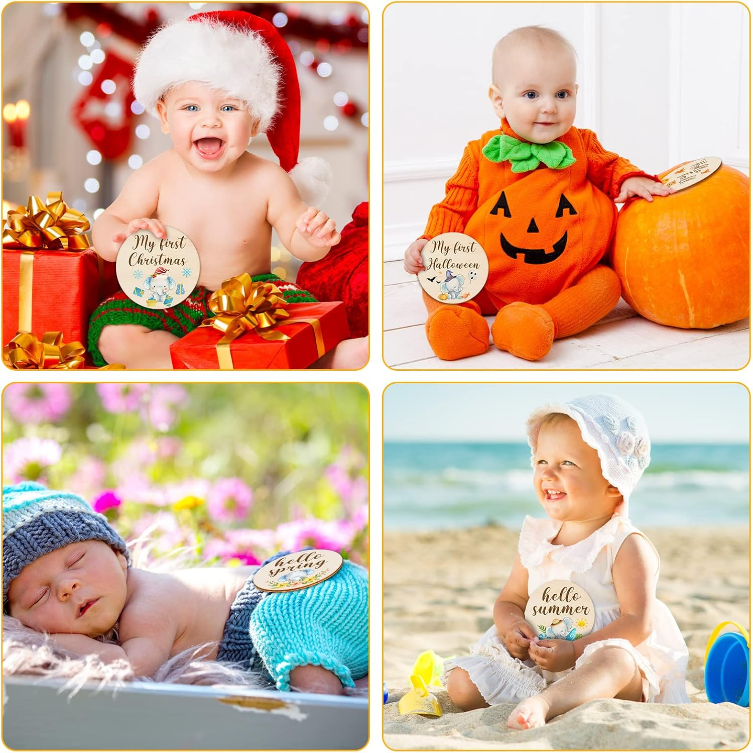 16 Pieces Wooden Baby Monthly Milestone Cards Baby Monthly Milestone Marker Discs Double Sided Monthly Milestone Wooden Circles Baby Months Signs for Baby Shower Newborn Photo Props(Blue Elephant) - Fresh Flowers image number 6