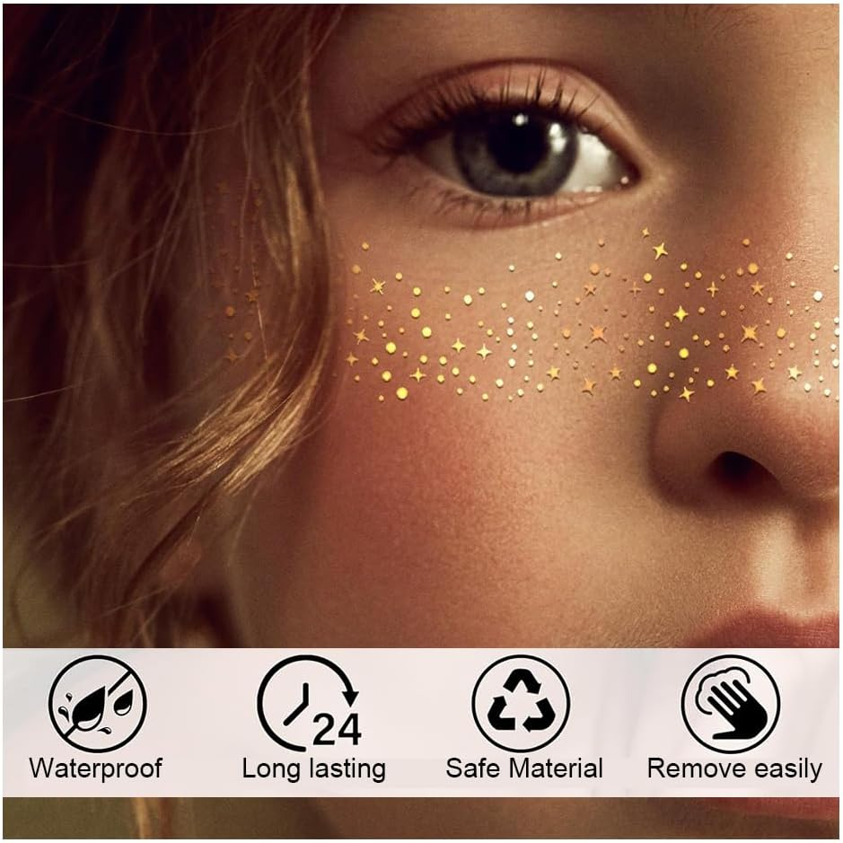 12Pcs Glitter Freckles Tattoo Stickers, Glitter Freckles for Face, Waterproof Gold and Silver Tattoo Stick Glitter Tattoo Makeup Sticker for Party, Masquerade (Gold+Silver)