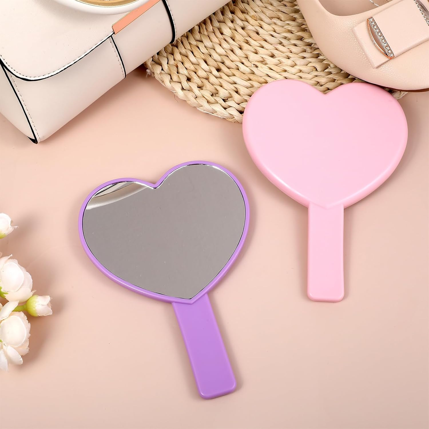 Sorcristy 2PCS Hand Mirror for Women，Heart Shaped Handheld Mirror Mini Cosmetic Mirrors with Handle Travel Makeup Decorative Hand Held Mirrors for Women Valentine&lsquo;S Day (Pink, Purple) image number 5