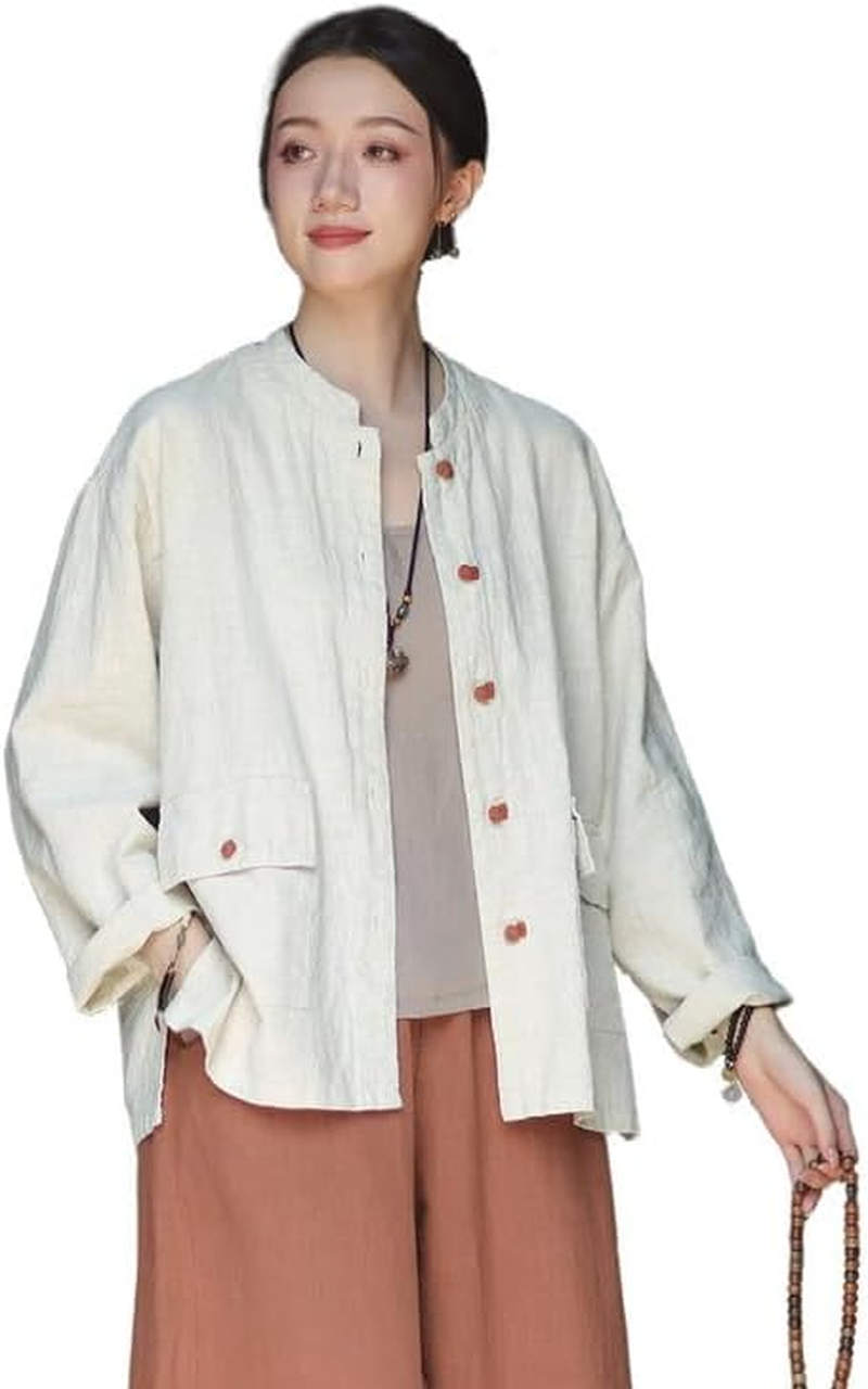 Women'S Vintage Linen Cotton Jacket Chinese Style Button-Down Cardigan Blouse Autumn