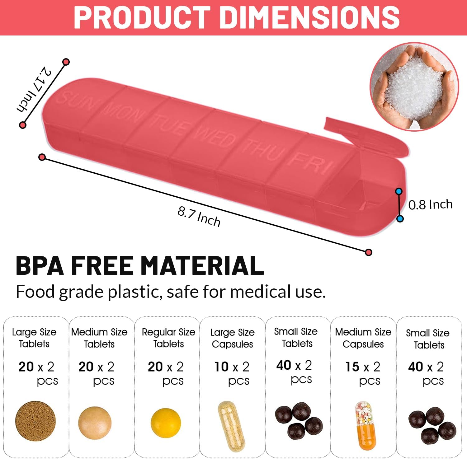 New Weekly Pill Organizer 7 Compartments PP Plastic Storage Box Custom Logo Color Portable Pill Case 7 Days Pill Box (Red) image number 5