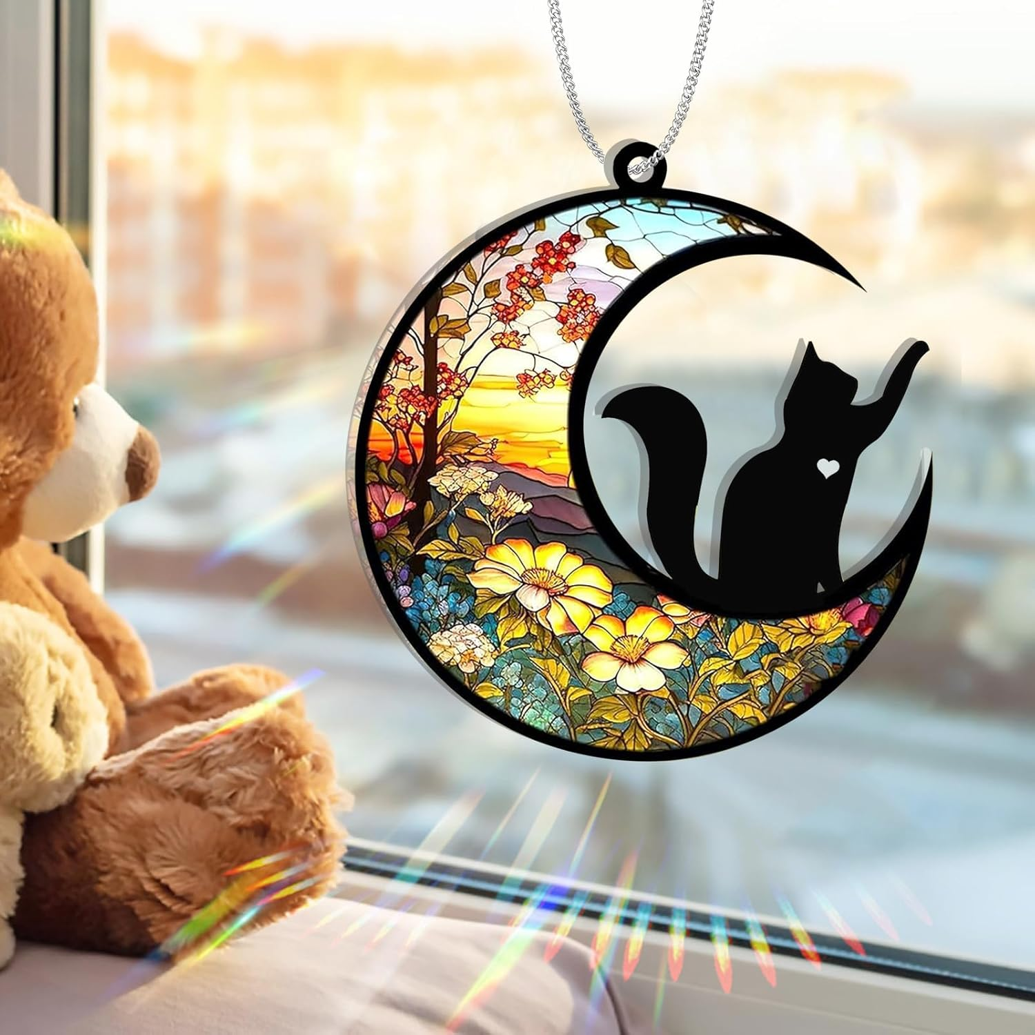 SZXYCZL Moonshaped Acrylic Window Pendant Cat Memorial Gifts for Loss of Cat Memorial Ornament Loss of Pet Sympathy Gift-At Dusk - Cat image number 6