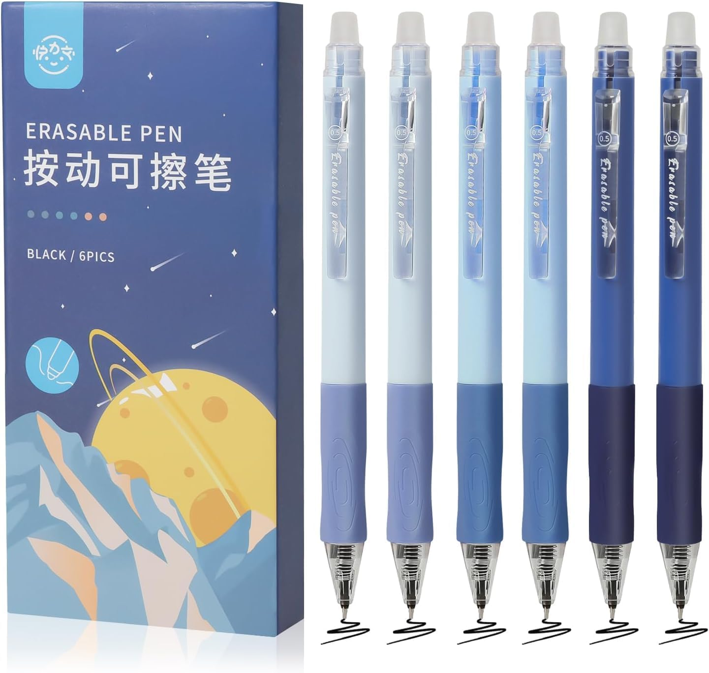 KAPASKI Retractable Erasable Gel Pens Clicker, 6Pcs 0.5Mm Black Ink Fine Point Smooth Writing Pens with Erasers, High-End Series Pens for School Office Home Supplies, Gifts for Girls Boys (Boys Style) image number 3