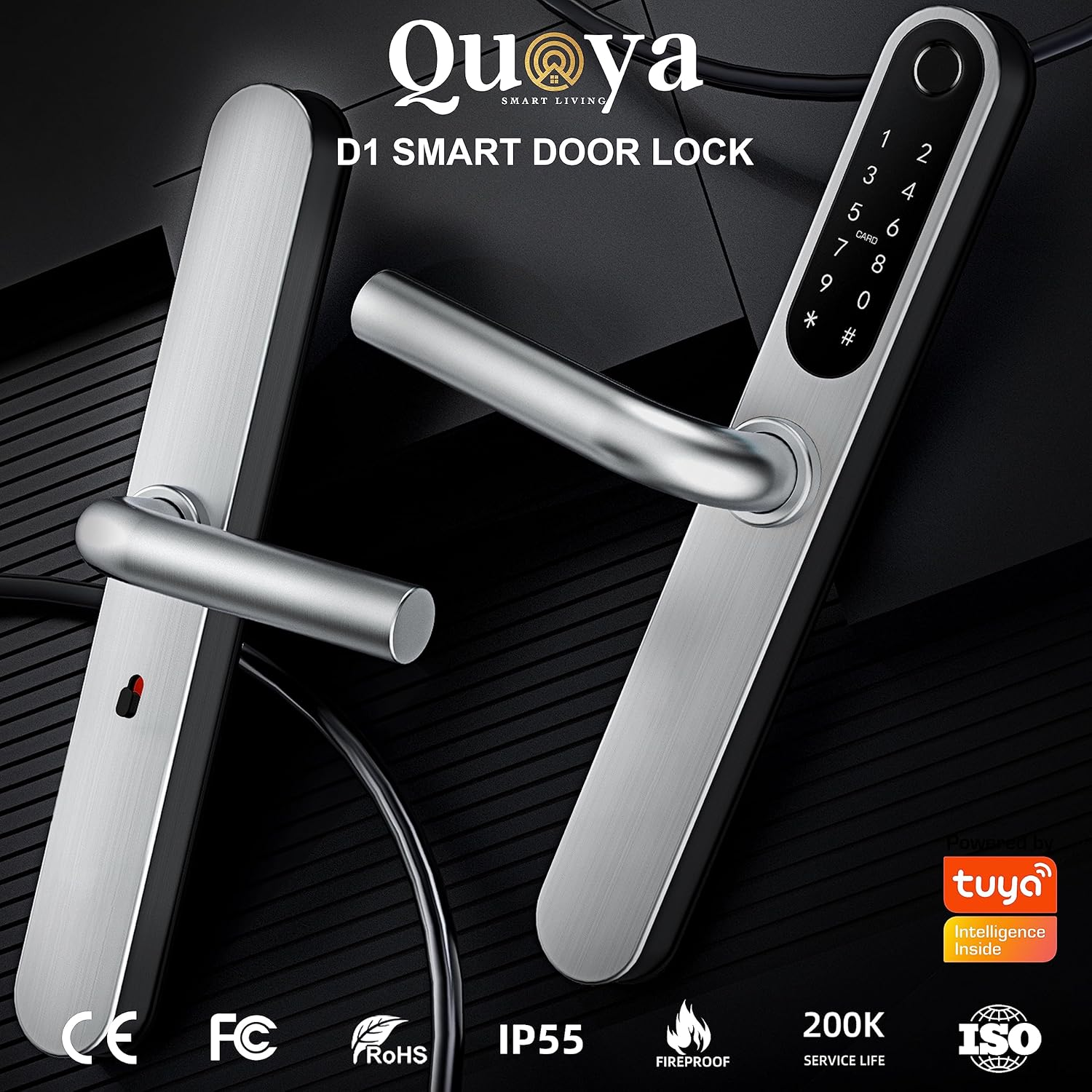 QUOYA D1 Smart Door Lock, 75&deg; Max Rotation Angle, IP55 Waterproof, Unlocking Method (Fingerprint, RFID Key Card, Pin/Passcode, App, Mechanical Key) (Silver) - Black image number 3