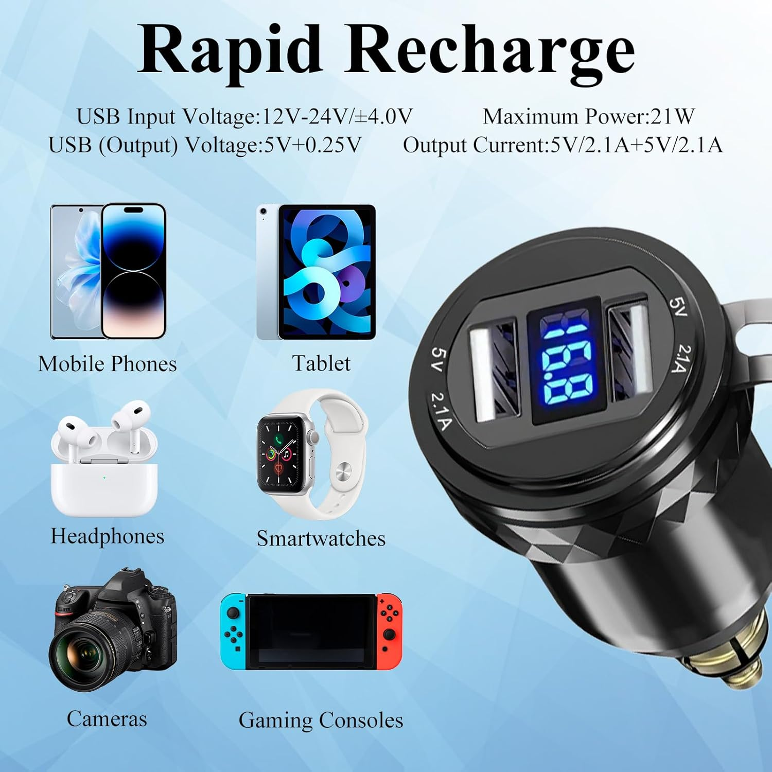 DIN Hella Plug to USB Adapter, Motorcycle Charger with Voltmeter Display, Aluminium USB Socket Waterproof Cigarette Lighter Charger for 12V-24V Ducati, Triumph, BMW image number 2