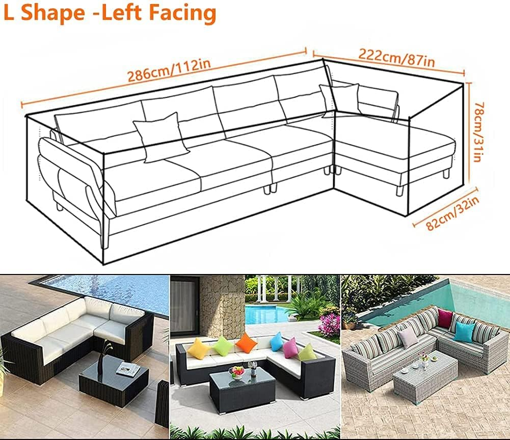 Garden Furniture Covers L-Shape Furniture Cover Waterproof Windproof 420D Heavy Duty Oxford Fabric Outdoor Patio Sectional Couch Rattan Corner Sofa Table Chair Protection Left Facing:112&times;87In image number 6