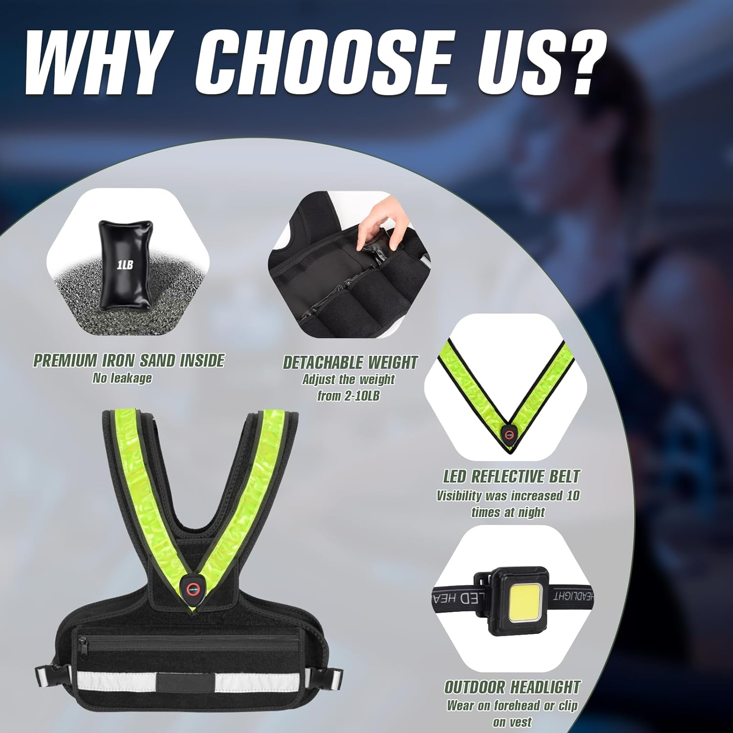 Hikeen Weighted Vest for Women, Sport Running Weighted Vest with LED Reflective Belt and Outdoor Headlight, 2-10 Lbs Weight Vest for Strength Training and Workout image number 6